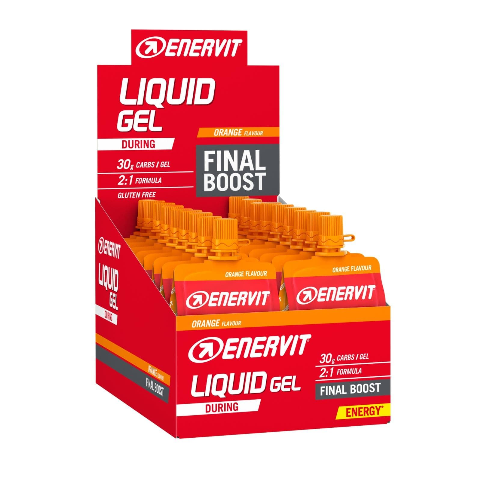 Enervit, Liquid Gel Arancia, Gel Energetico con Maltodestrine, Per Sport ad Alta Intensità, 30g di Carboidrati, Tappo Richiudibile, Gusto Arancia, VeganOK, Senza Grassi, Senza Glutine, 18 Pack da 60ml