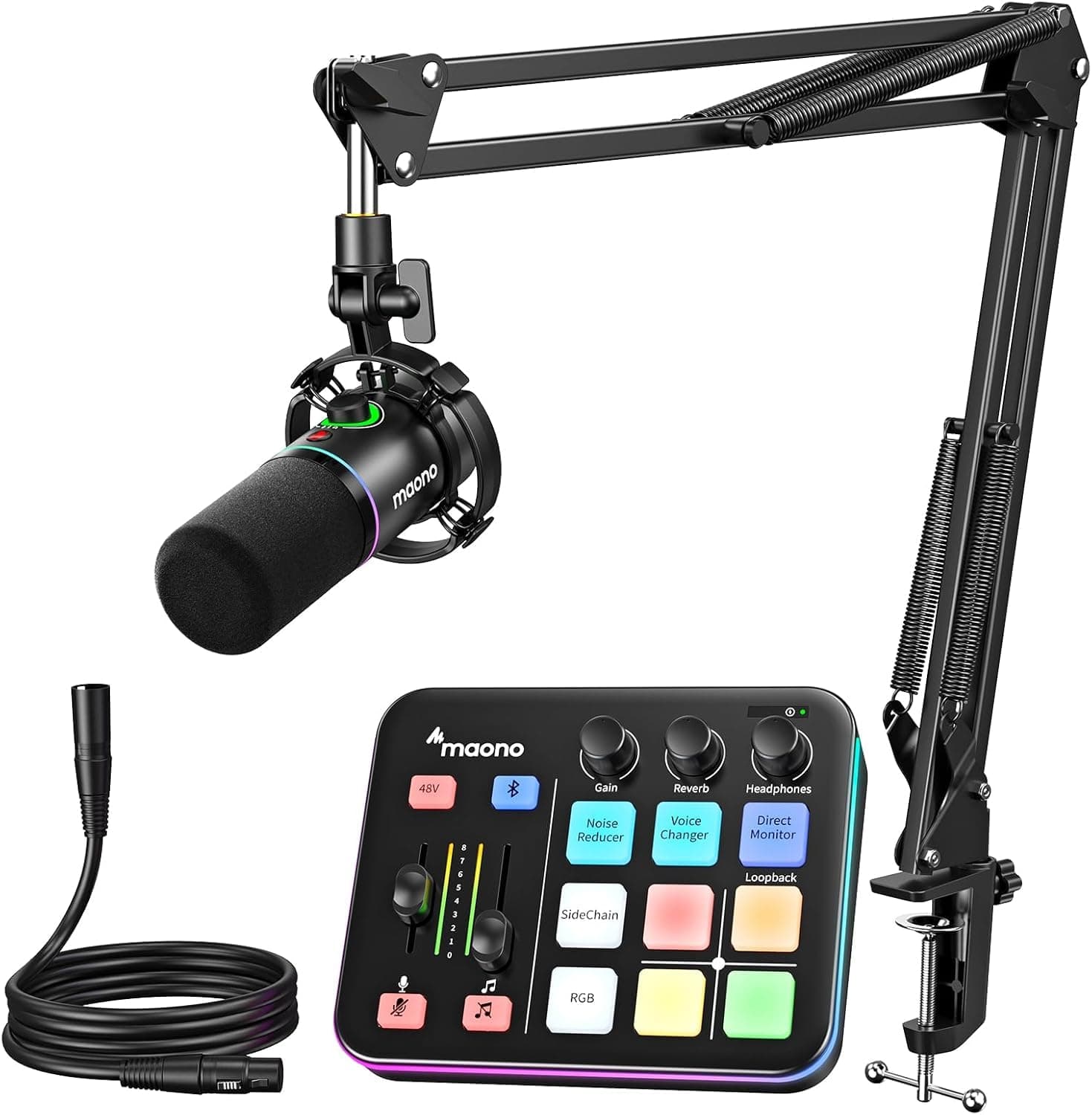 MAONO Kit Streaming Gaming: Interface Audio Mixeur et Microphone Dynamique XLR avec RGB et Réduction de Bruit – MaonoCaster PD200XS & G1 NEO