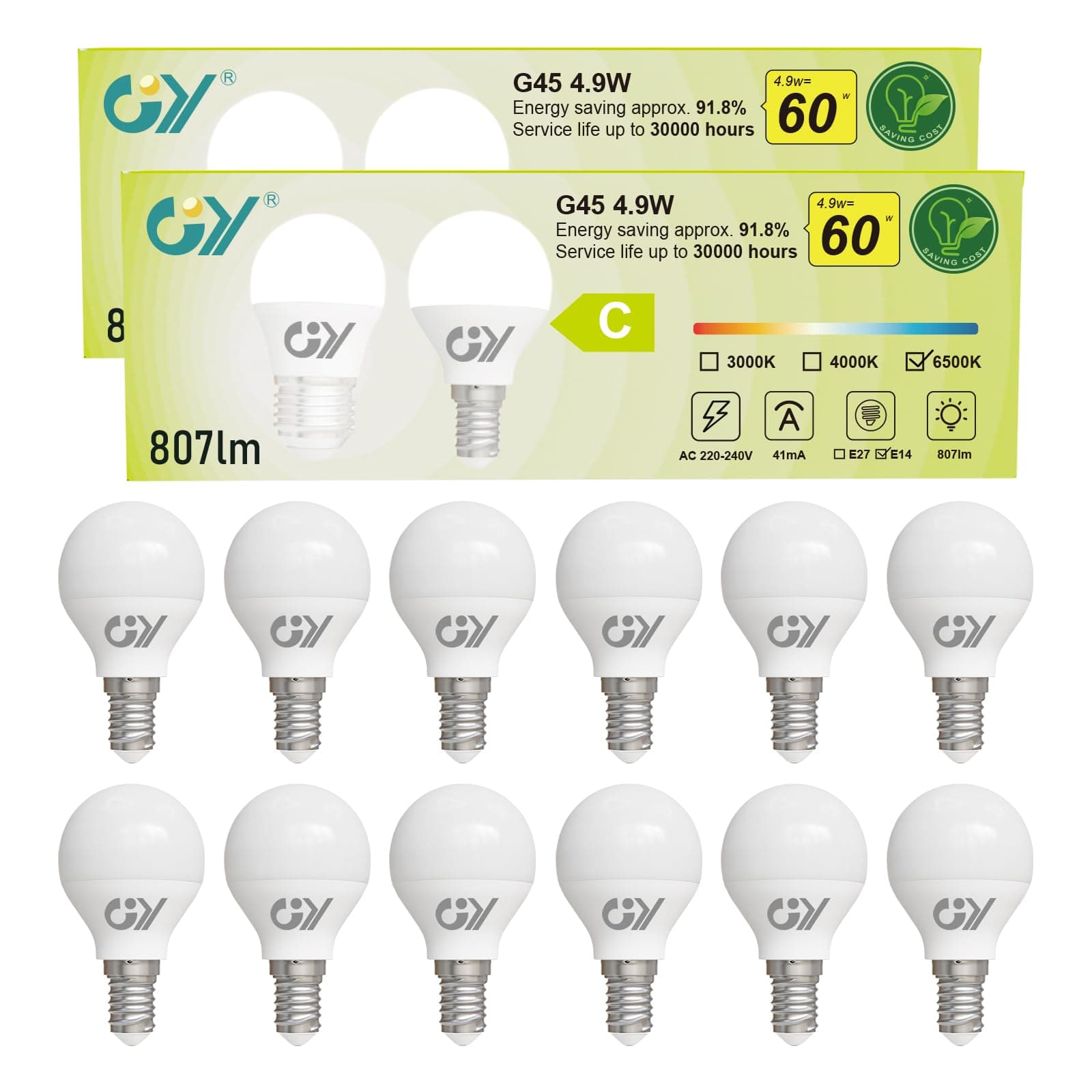 GY 4.9W Bombilla LED E14 Luz Fría 6500K 807LM (Equivalente a 60W), Bombillas Bajo Consumo G45 Rosca fina, No Parpadean, No Regulable, 12 Pieza