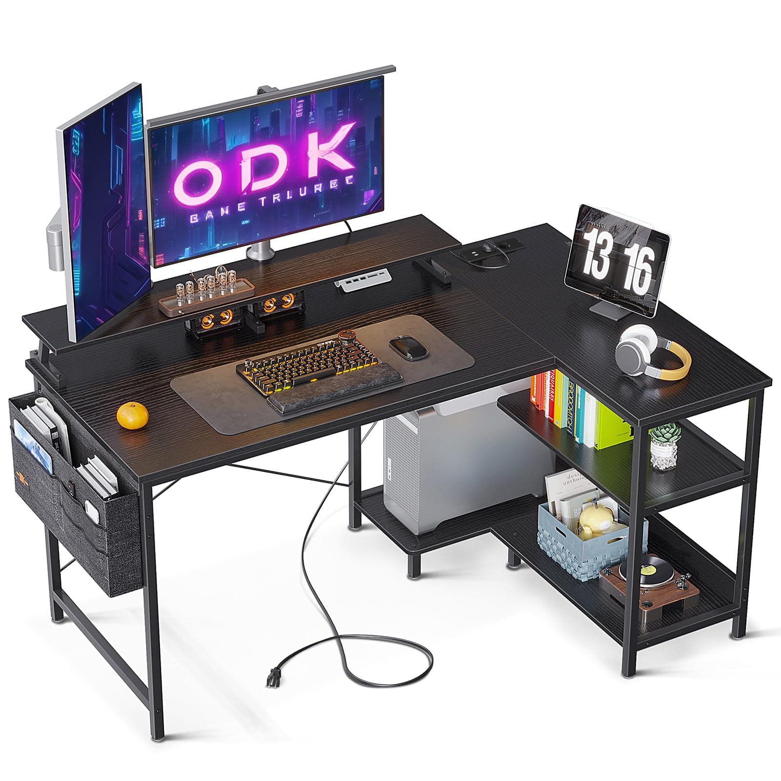 ODK Escritorio Esquinero Reversible, 120x80cm Escritorio Gaming en L con Puerto de Carga USB y Toma de Corriente, Mesa en L con Estantes & Soporte de Monitor para Hogar, Oficina, Gaming, Negro