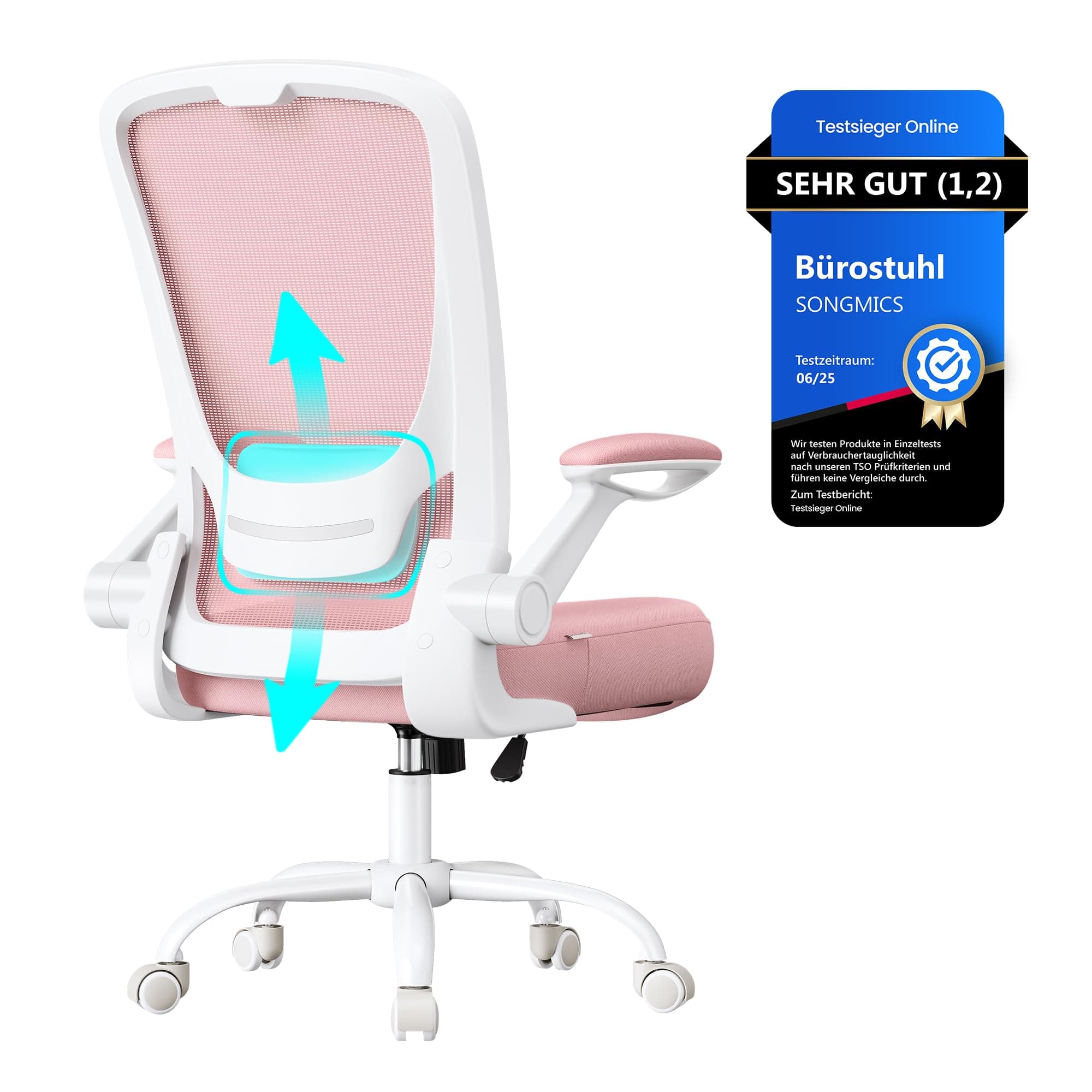 SONGMICS Bürostuhl ergonomisch, Drehstuhl mit Mesh, Lendenstütze, Wippfunktion, 53 cm große Sitzfläche, klappbare Armlehnen, Arbeits- und Schlafzimmer, Studenten, pastellrosa OBN037R01