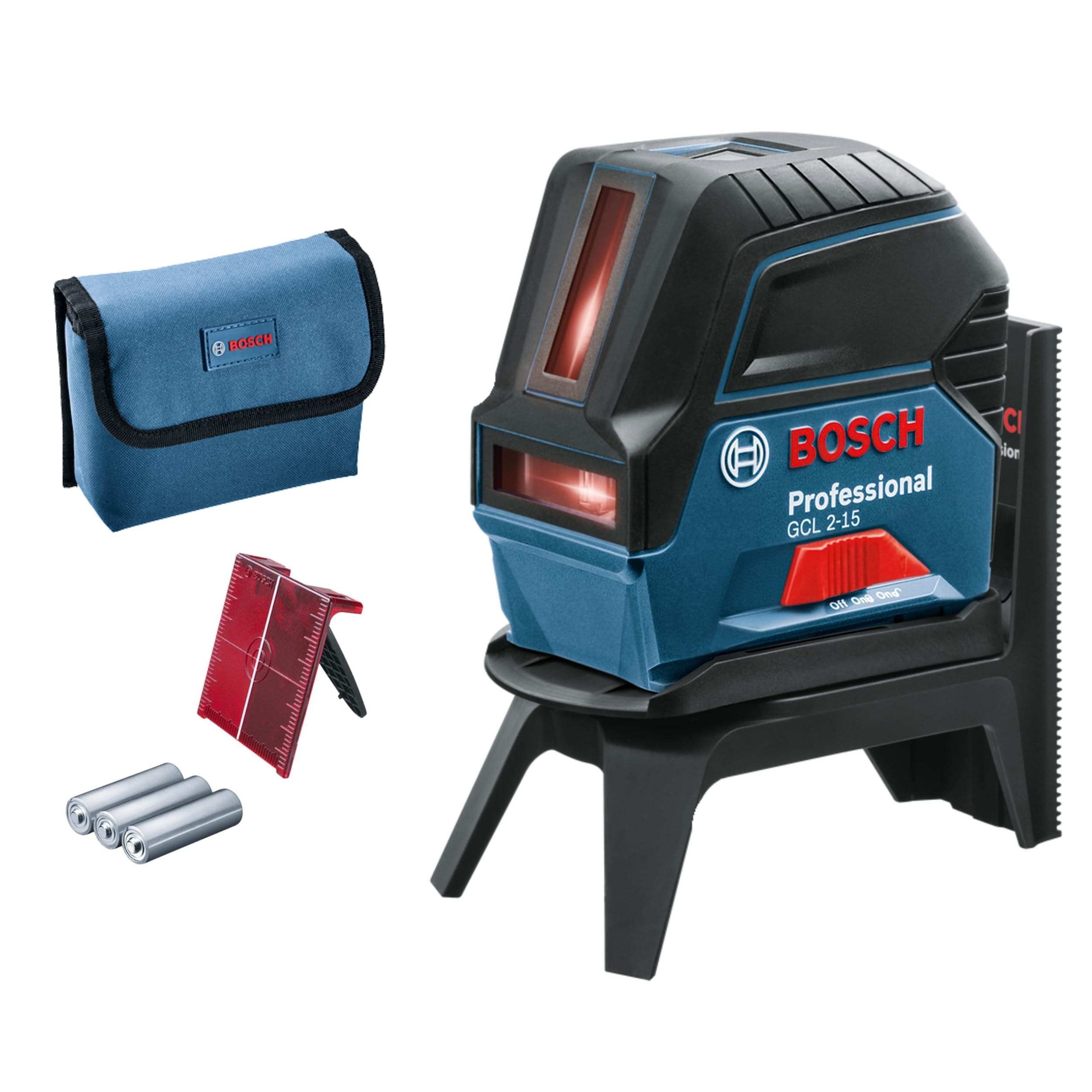 Bosch Professional Kreuzlinienlaser GCL 2-15 (roter Laser, Innenbereich, mit Lotpunkten, Arbeitsbereich: 15 m, 3x AA Batterien, Drehhalterung RM 1, Laserzieltafel, Schutztasche)