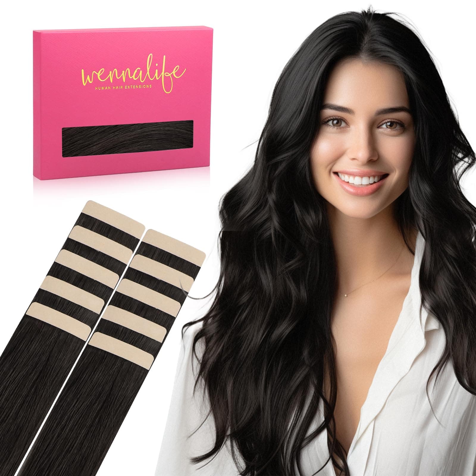 WENNALIFE Extension Capelli Veri Biadesivo, 10pz 25cm 20g Nero Naturale Extension Biadesive Capelli Veri Lisci Remy Tape in Hair Extensions Capelli Setosi Solo per L'aggiunta di Colori