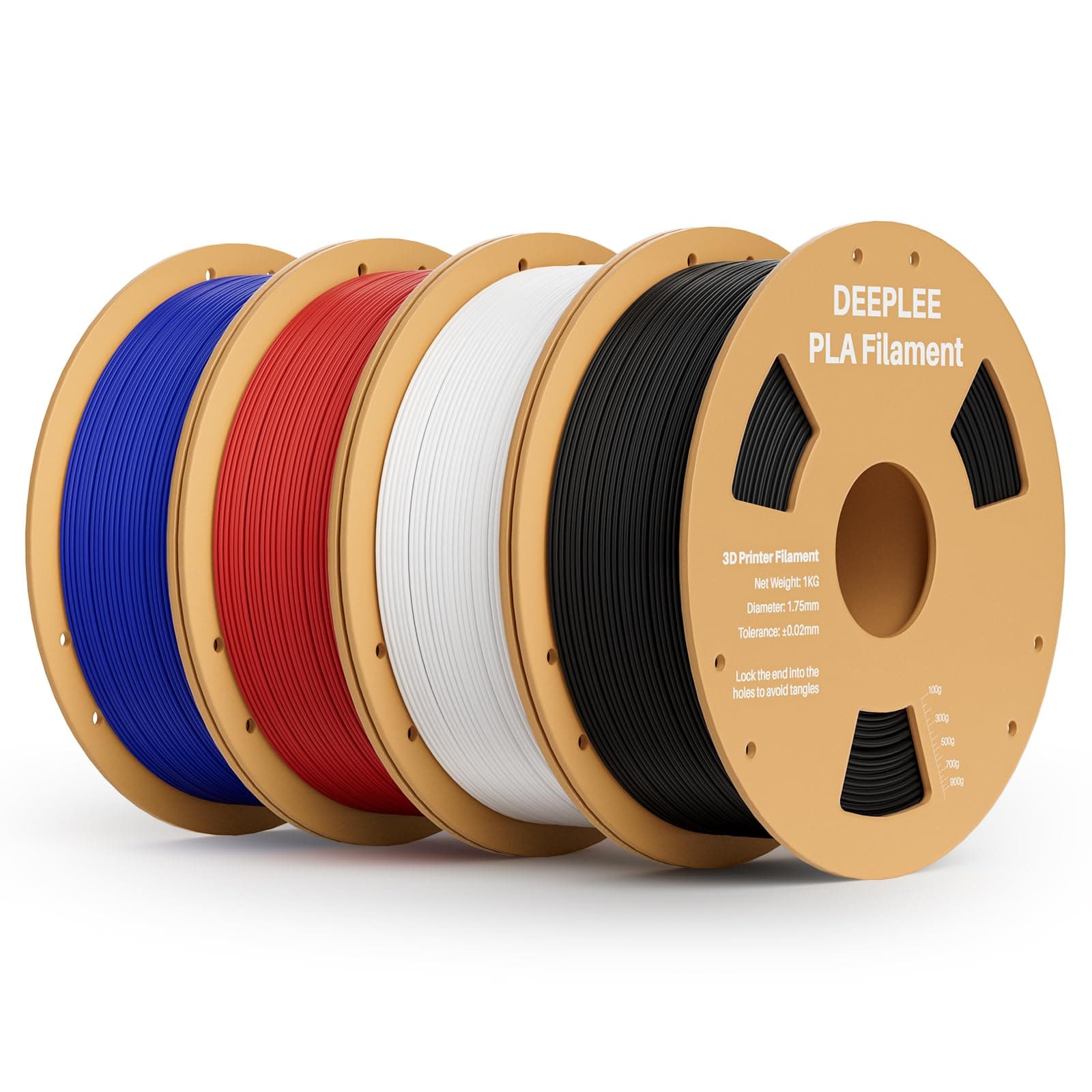 DEEPLEE Filamento PLA 1.75 mm, Kit 4 Bobinas Negro, Blanco, Rojo y Azul Oscuro (4kg). Precisión ±0.02 mm. Enrollado Perfecto, Sin Atascos. Compatible con Impresoras 3D FDM.