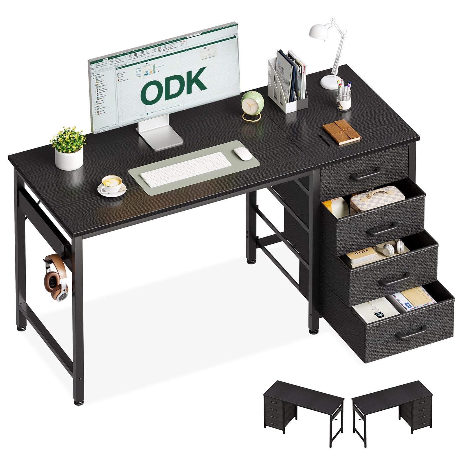 ODK Escritorio con 4 Cajones de Tela, 120x48cm Mesa Escritorio Ordenador Reversible con Gancho para Auriculares, Escritorio de Estudio para Oficinas Hogar y Puestos de Trabajo, Nero