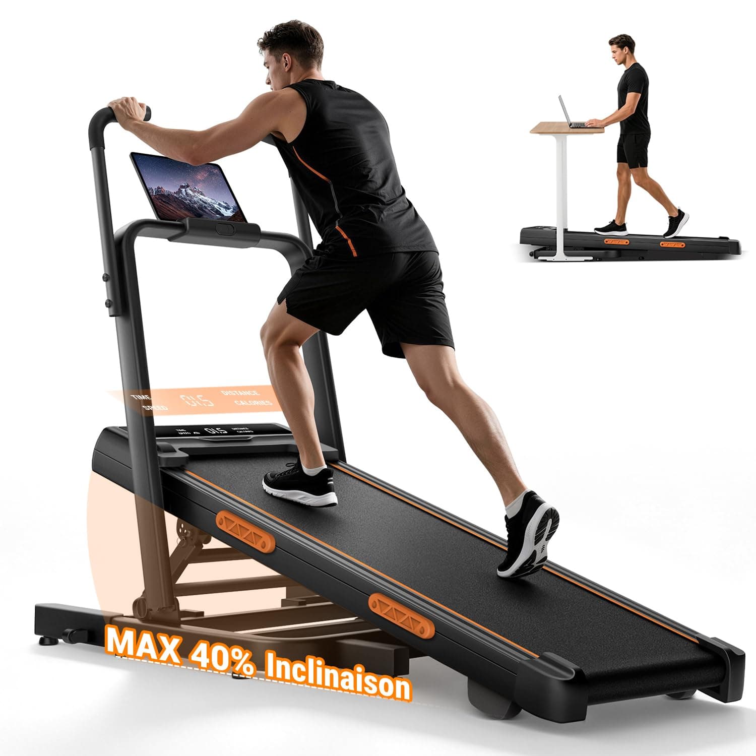 UMAY Tapis de Course Pliable Inclinable 40% Simulateur Montagne, 10km/h | 3.0 CV Tapis de Marche Pliable Inclinable, 12 Amortisseurs, Support Tablette Ventouse, Magnétique, Charge 159 KG