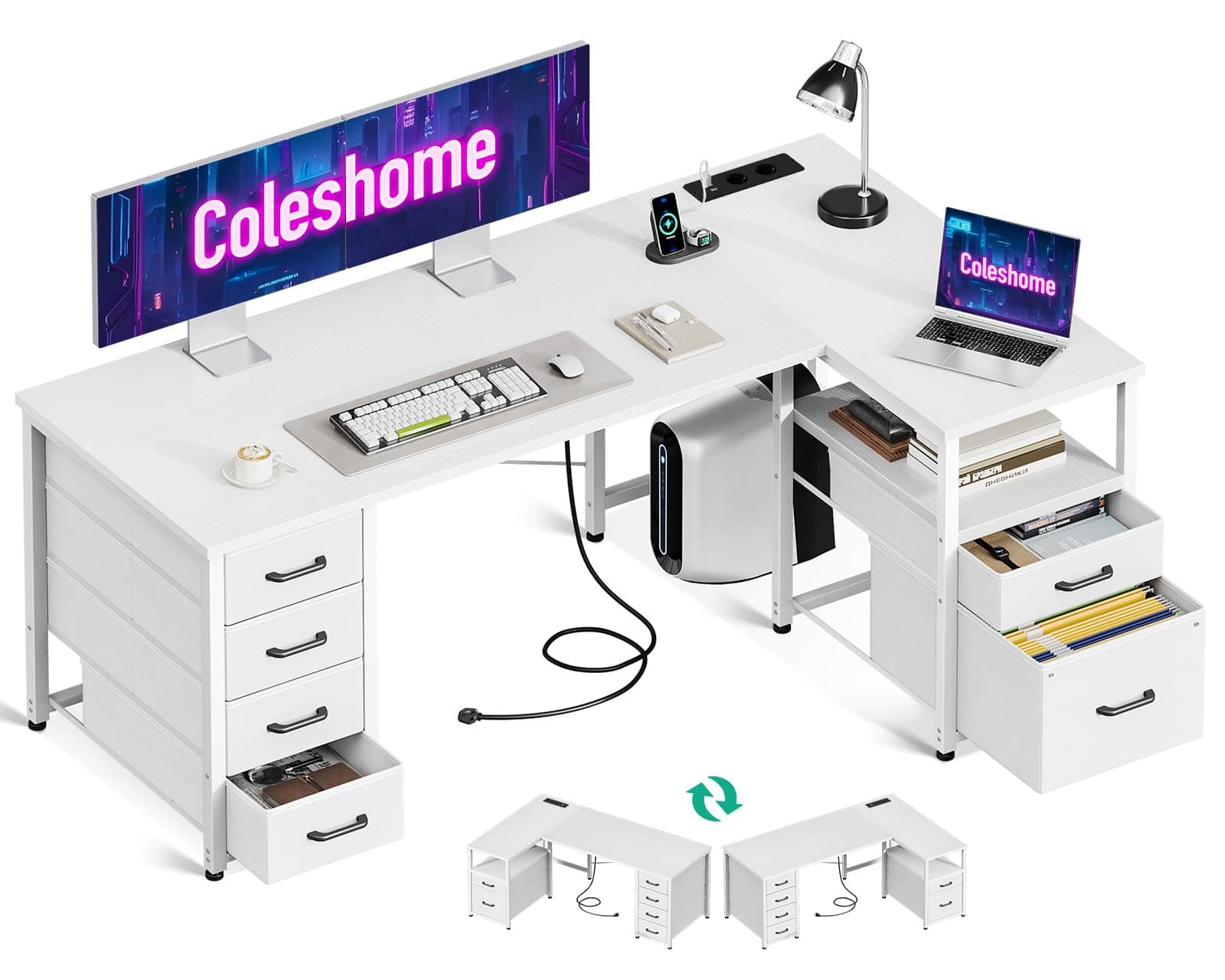 Coleshome Escritorio Esquinero con Cajones de Tela, 140x80cm Reversible Escritorio en L con Cajón para Archivos, Mesa Escritorio para con Puerto de Carga USB y Toma de Corriente, Blanco