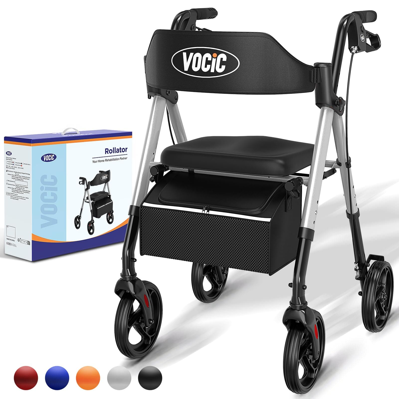 VOCIC deambulateur 4 roues pliable leger,Rollator en aluminium léger avec siège,Pour tous les terrains, Siège réglable en hauteur,Se range facilement dans le coffre,Argent Étoilé | Garantie de 5 ans