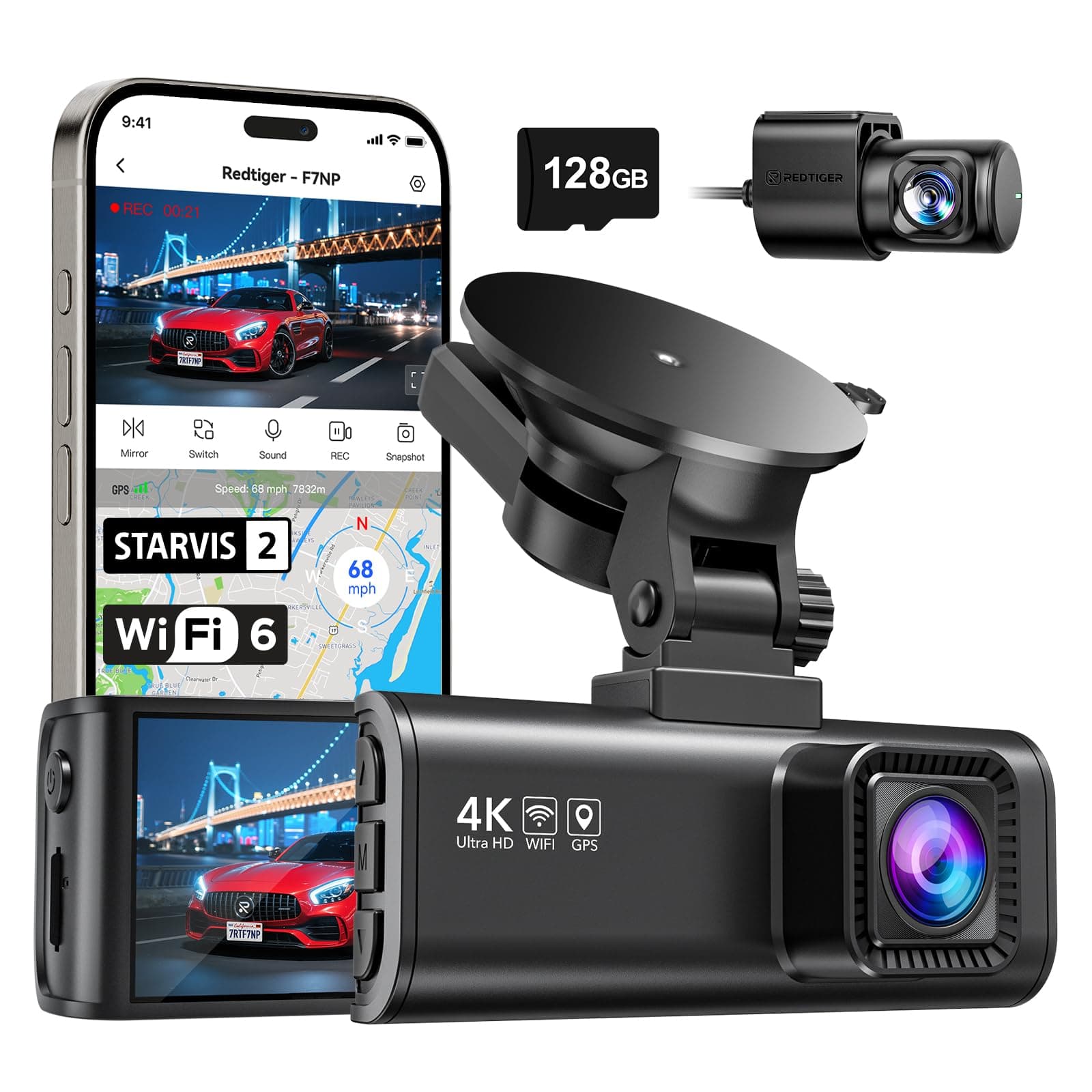 REDTIGER 4K Dashcam Voiture,STARVIS 2,Écran IPS 3,18 Pouces,Carte 128 Go Incluse, WiFi 5,8 GHz,GPS,Vision Nocturne,Grand Angle 170° WDR,Moniteur de Stationnement,Prend en Charge Jusqu'à 256 Go (F7NP)