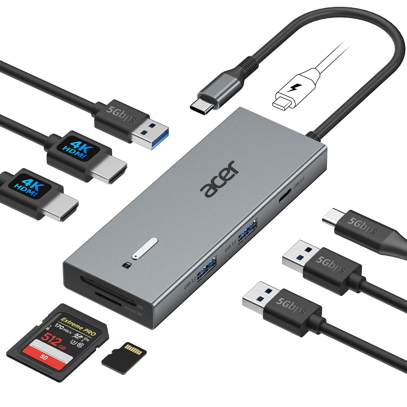 acer USB C Docking Station Dual HDMI, 9IN1 Typ C Hub auf HDMI 4K@60Hz, 3*USB-A, 1*Typ-C 5Gbps, 100W PD, SD/TF Kartenleser, Multiport für 2 Monitoren, Dell, Chromebook, MacBook Air/Pro, Surface usw.