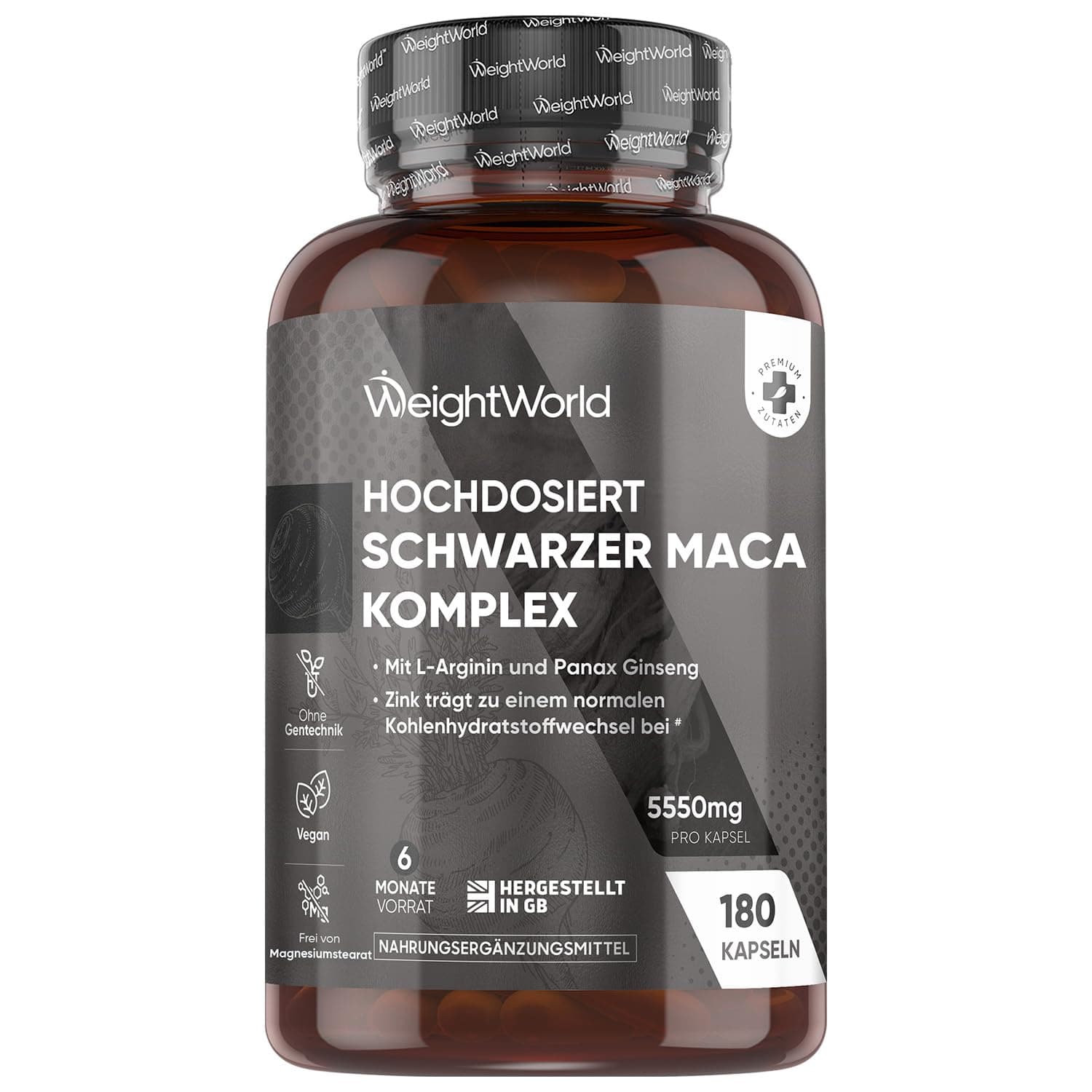 Maca Kapseln - 5550mg pro Kapsel - 6 Monate Vorrat - Schwarzer & Gelber Maca Komplex mit L-Arginin, Panax Ginseng, Schwarzer Pfeffer & Zink - 180 Capsules - Frauen & Männer - Glutenfrei - WeightWorld