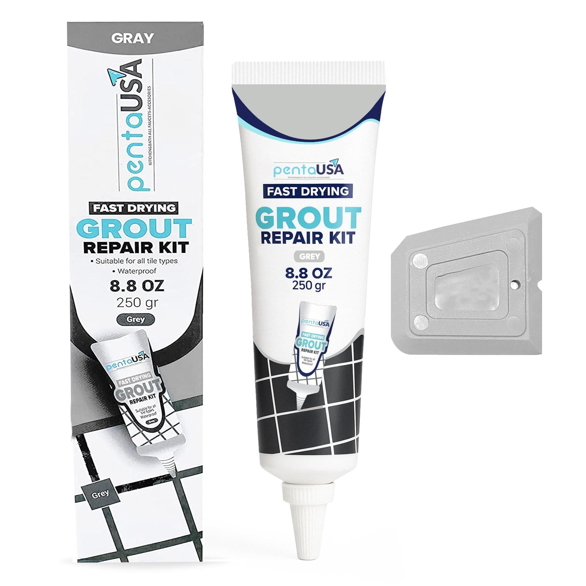 Riparazione Fughe Piastrelle - Tubetto Riempitivo Ripara e Rinnova, Malta per Piastrelle, Asciugatura Rapida + Raschietto, Stucco inodore - 250gr (Grigio)