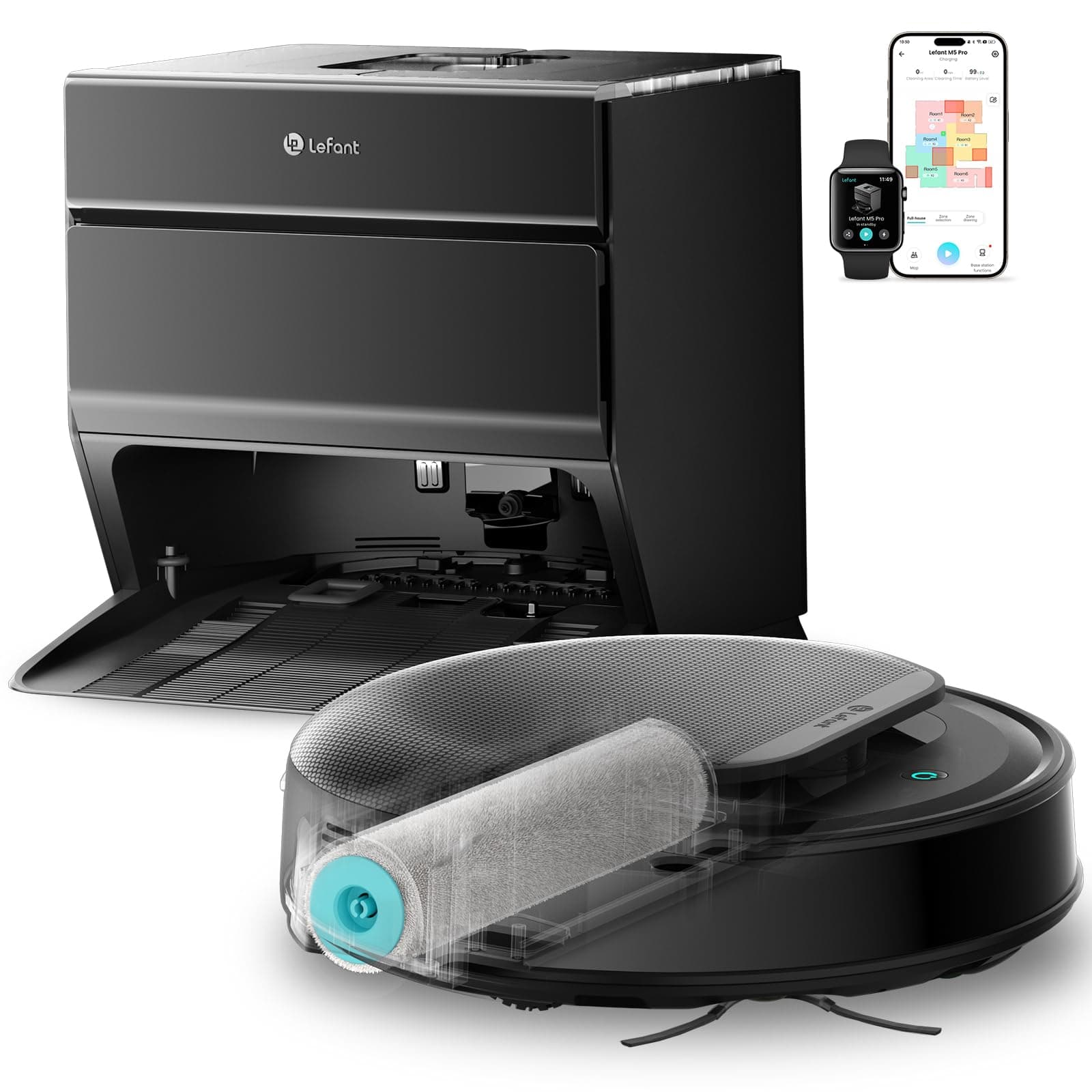 Lefant M5 Pro Robot Aspirapolvere Lavapavimenti con Rullo, Mappatura Laser dToF, Aspirazione 18000Pa, Zero-Groviglio, Lavaggio Rullo 75°C con Asciugatura, Stazione Autopulente, Alexa/App, Nero