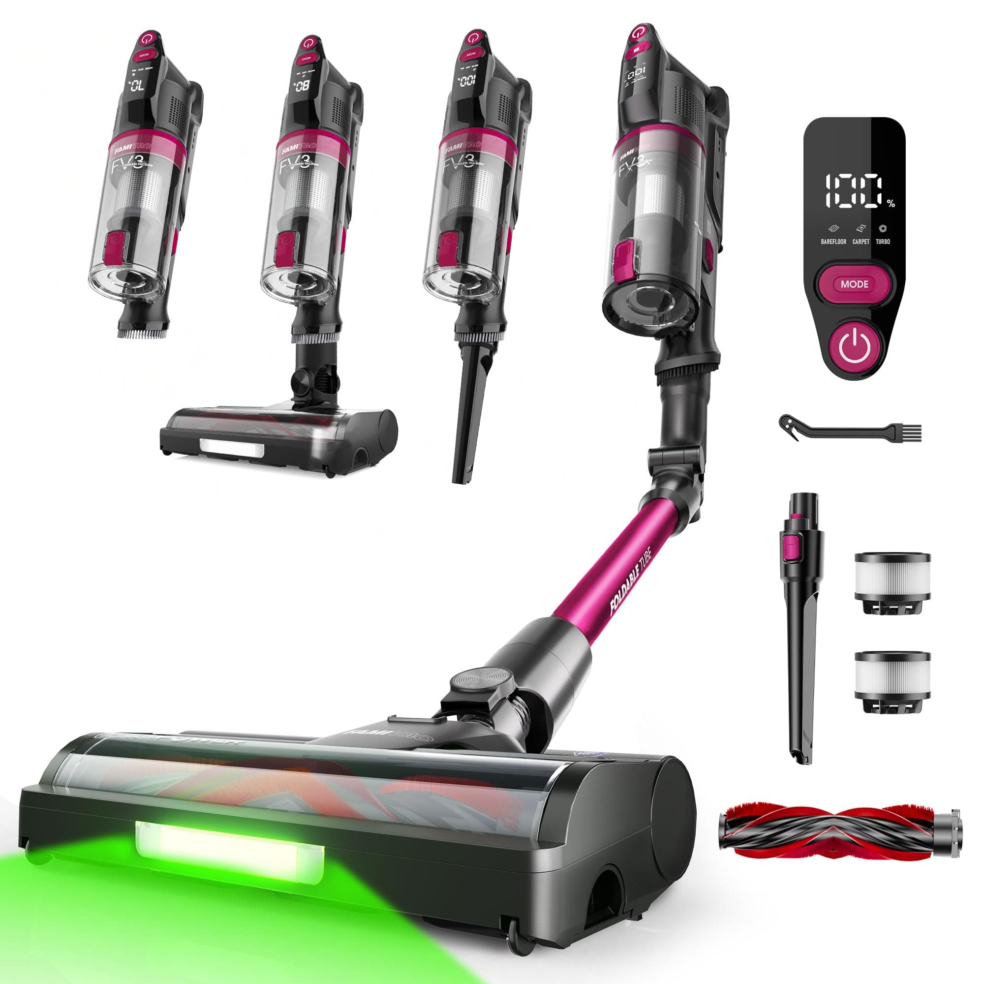 FAMIVAC FV3 Lilas Aspirateur Balai sans Fil 60KPa/50Min/120㎡, Tube Pliable, Autoportant à Brosse Anti-Enchevêtrement, Lumière Verte, Aspirateur à Main Puissant pour Sol