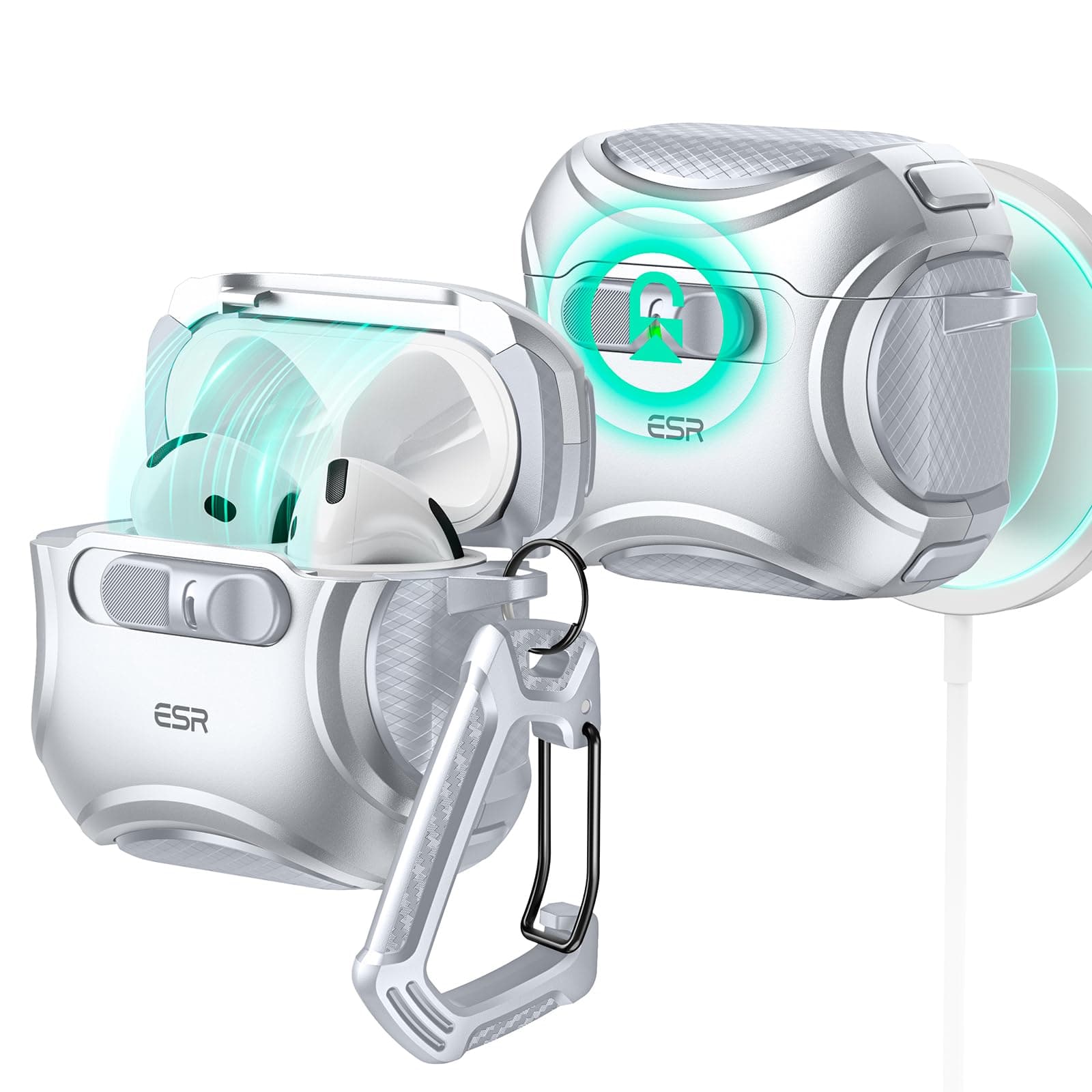 ESR für AirPods 4 Hülle, kompatibel mit AirPods 4 Gen (2024) (USB-C), kompatibel mit MagSafe, sturzsicherer Verschluss, einfaches Öffnen, Cyber Serie, Grau