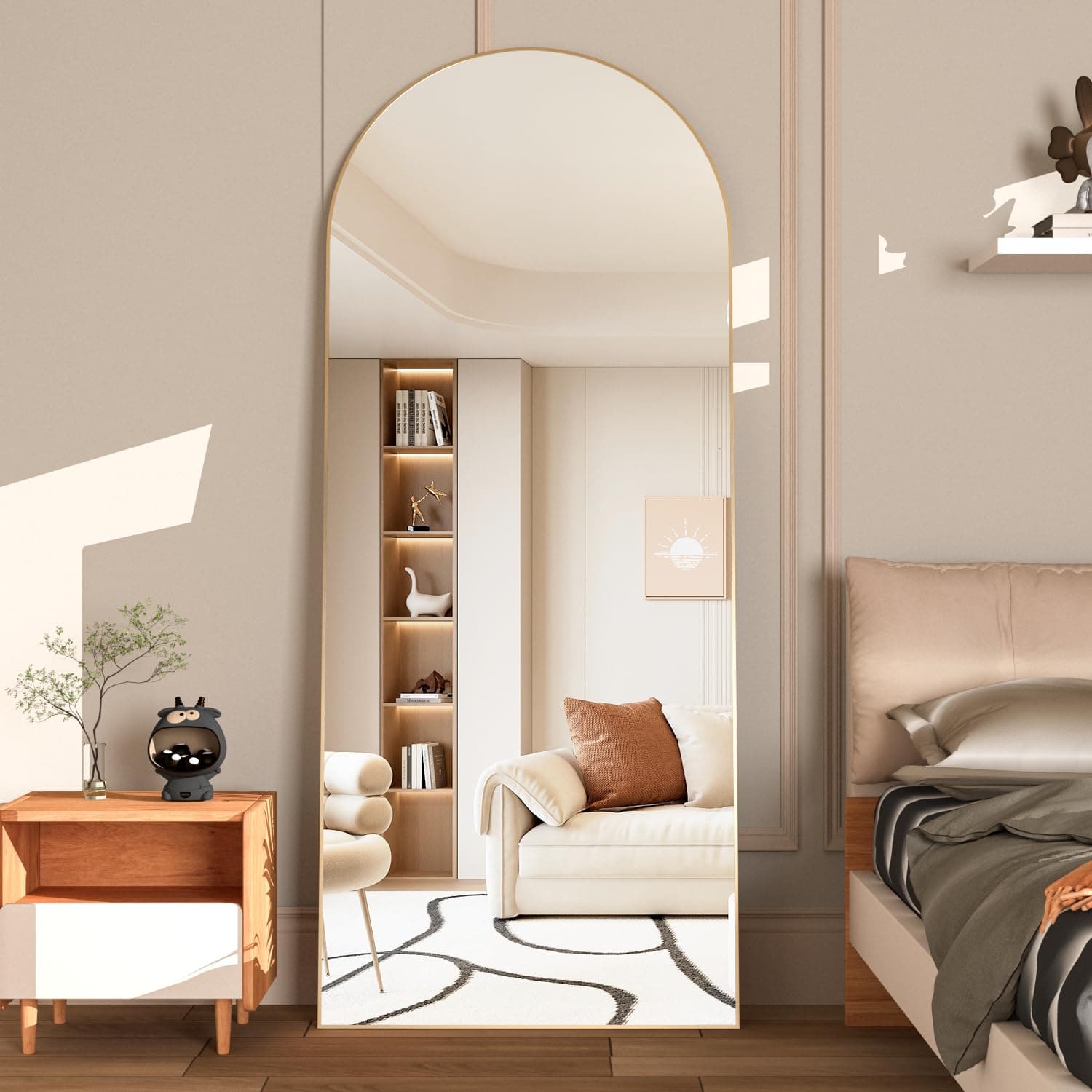 NEUWEABY Arqueado Espejo de Cuerpo Entero Espejo de pie con Soporte 165 x 60cm Espejo de Pared Grande Oro Colgado de pie o apoyado contra la Pared para la Entrada del Dormitorio