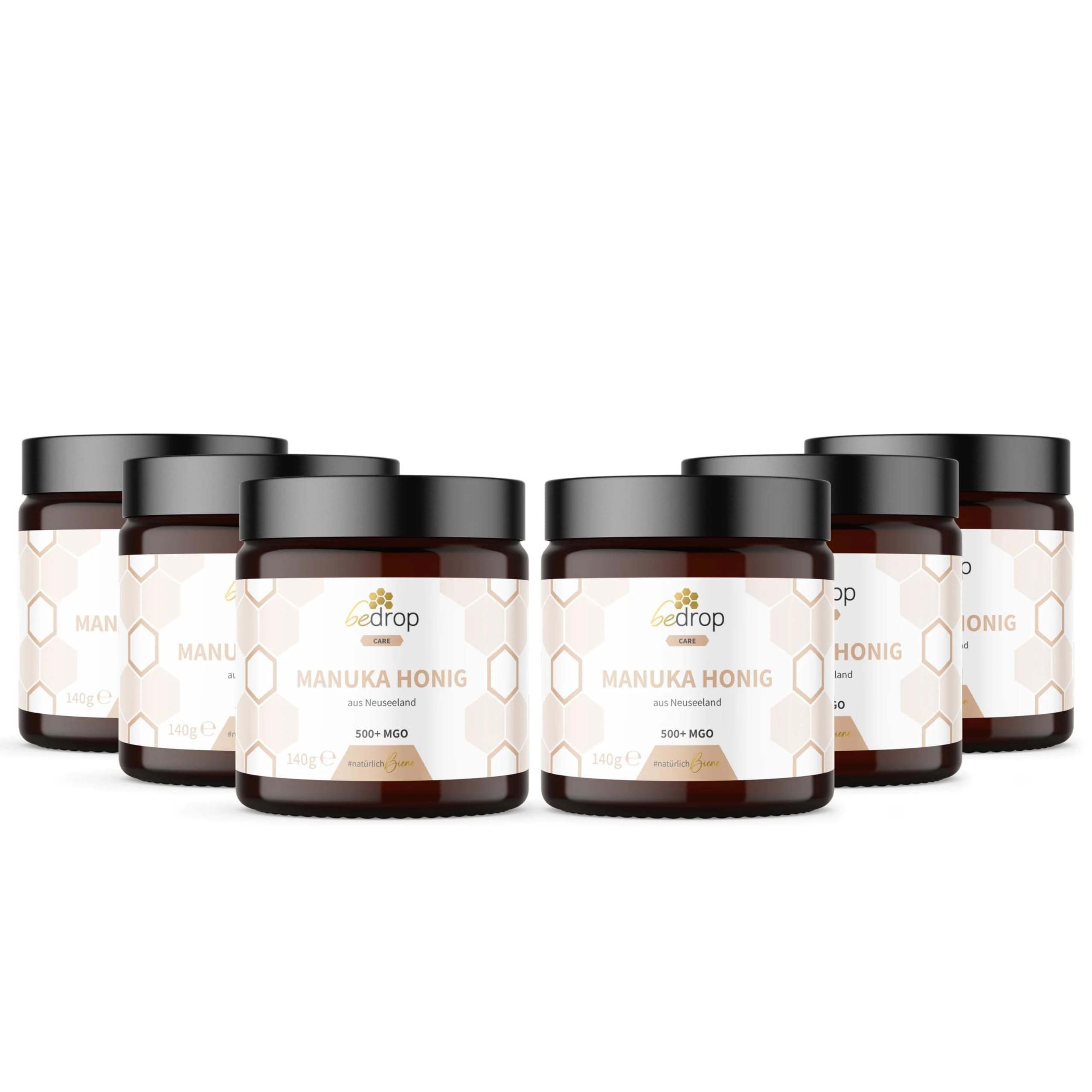 bedrop Manuka Honig mit MGO 500+ XXL Glas - 100% echter Premium Manukahonig aus Neuseeland mit zertifiziertem Methylglyoxal Gehalt (Analyse-Zertifikat) - 140g (6er Pack)