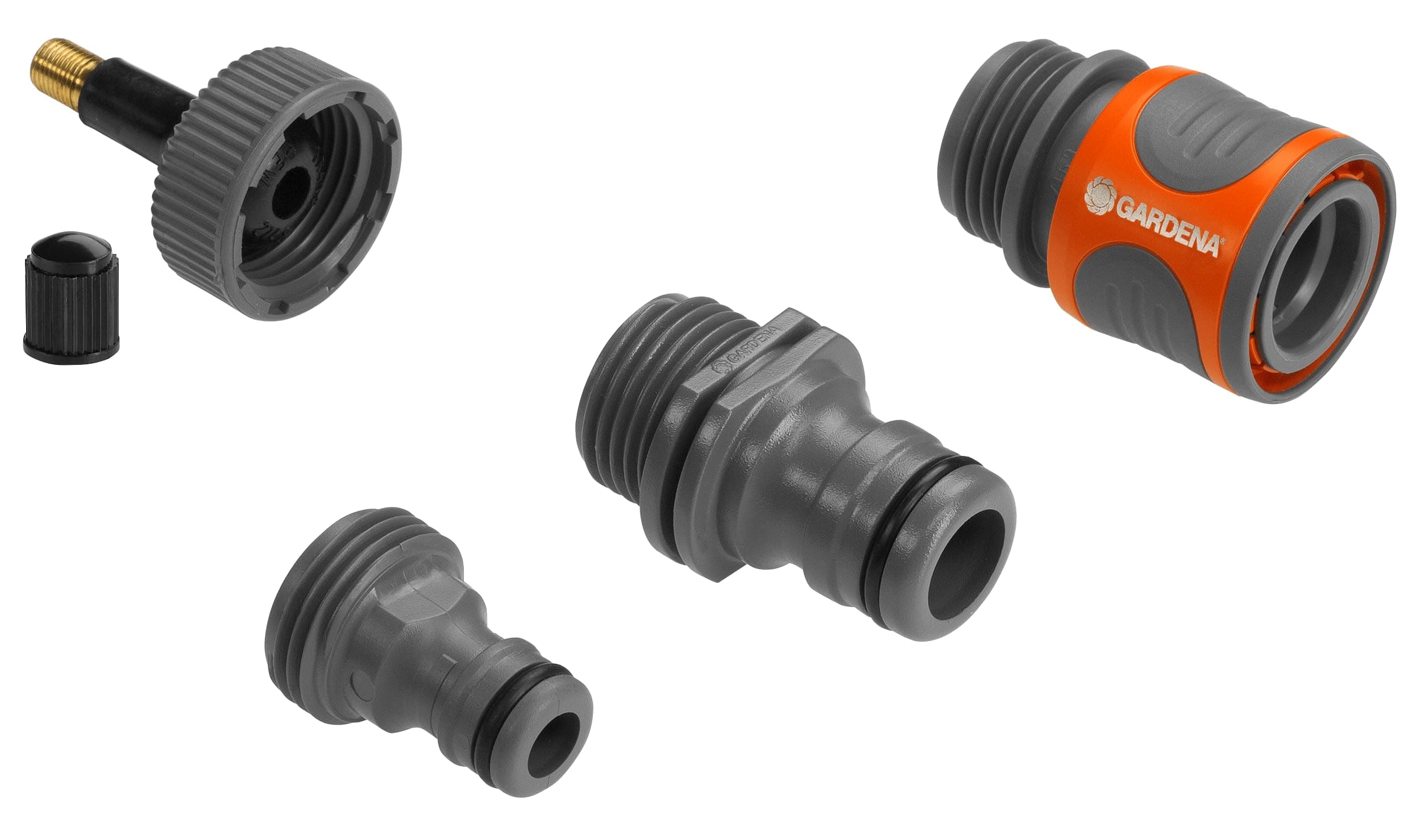 Gardena Entwässerungsventil-: Ventil-Set zur manuellen Entwässerung, 3 Aufsätze für Original Schlauchverbinder, Profi-System Nippel (2770-20), Schwarz;grau;orange