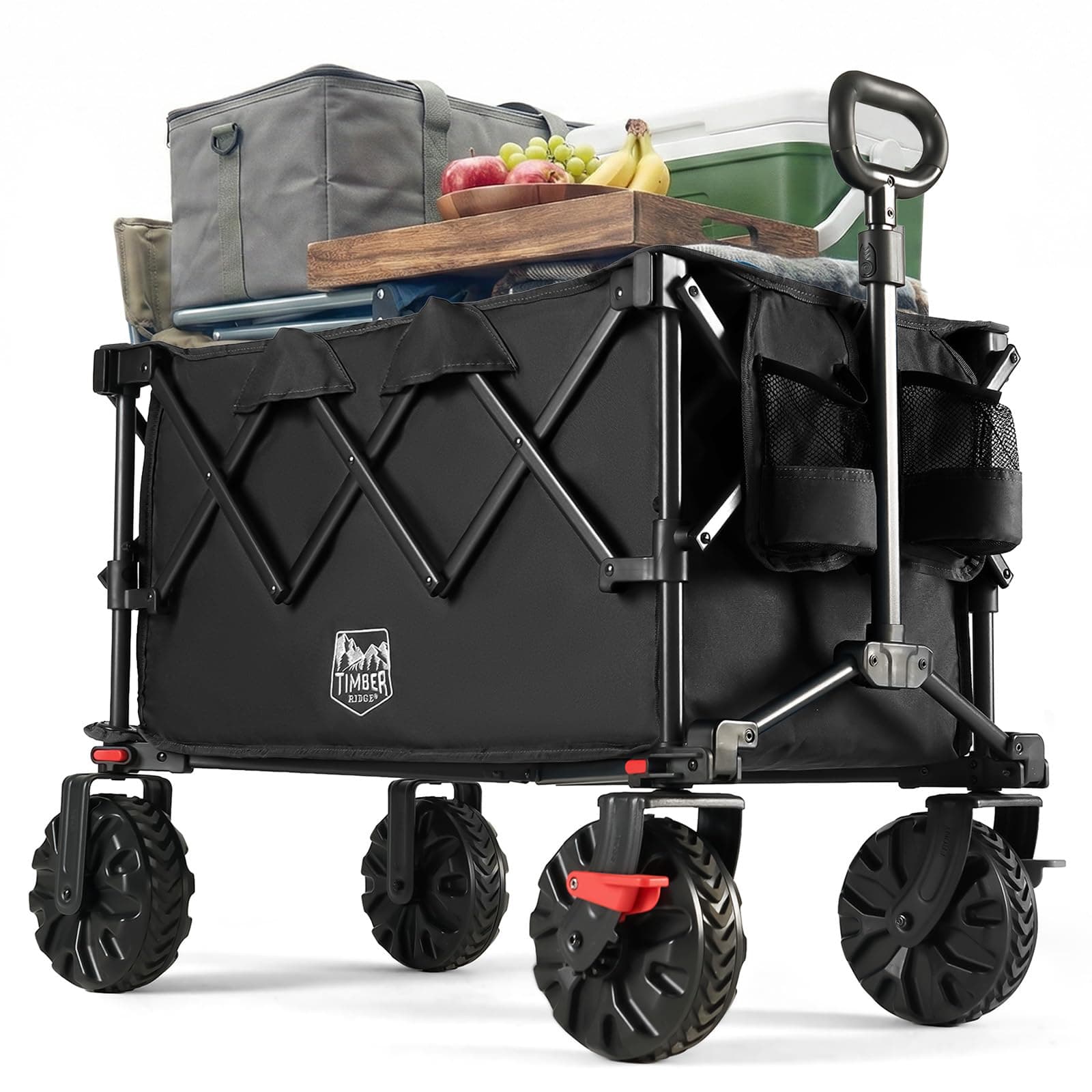 TIMBER RIDGE Carro plegable XXL de 250 L, neumáticos anchos con frenos, 150 kg, con soporte para bebidas, para camping, compras, jardín