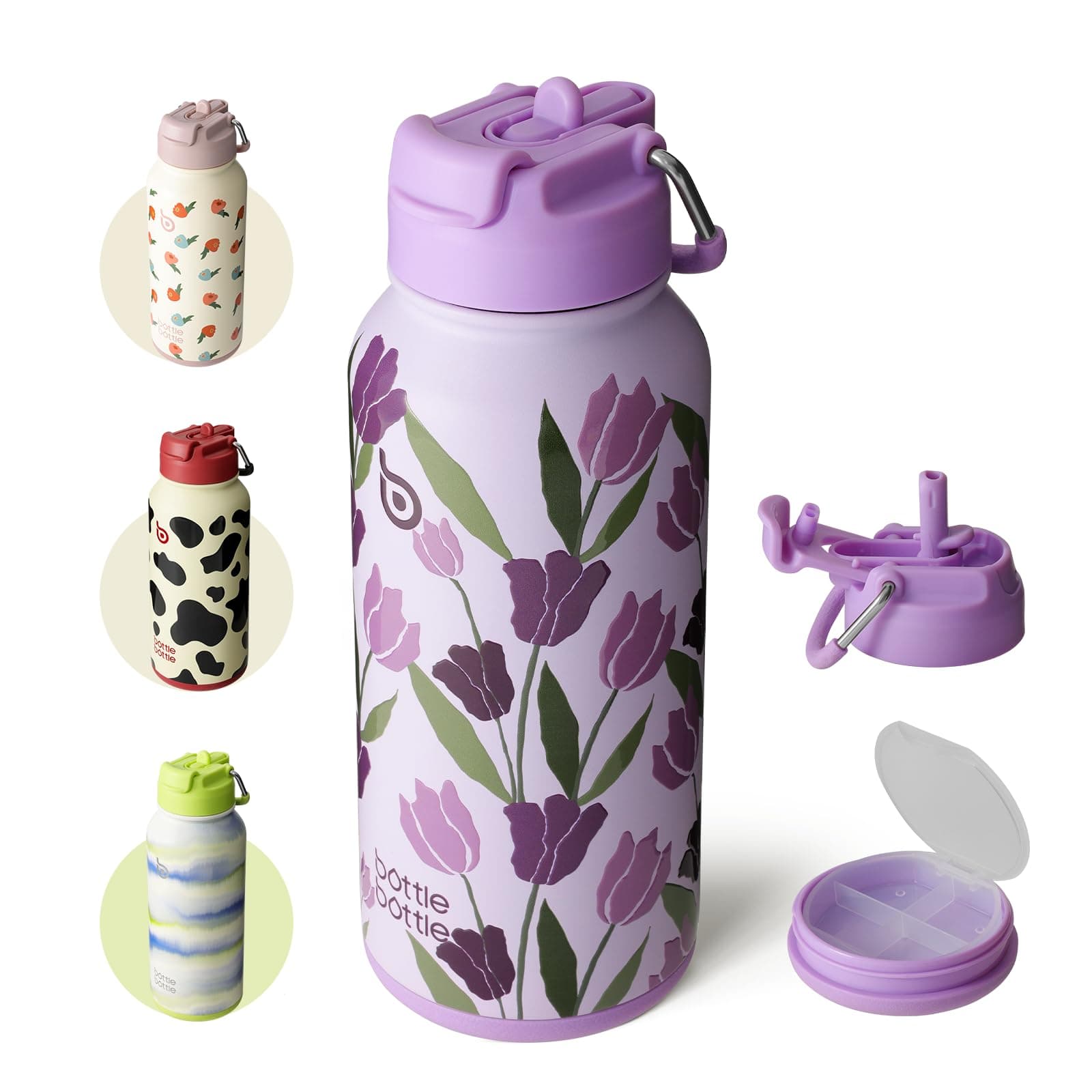 BOTTLE BOTTLEBotella de agua aislada de 32 onzas, botella deportiva de acero inoxidable con pajilla, tapa de doble uso para gimnasio con pastillero (tulipanes morados)