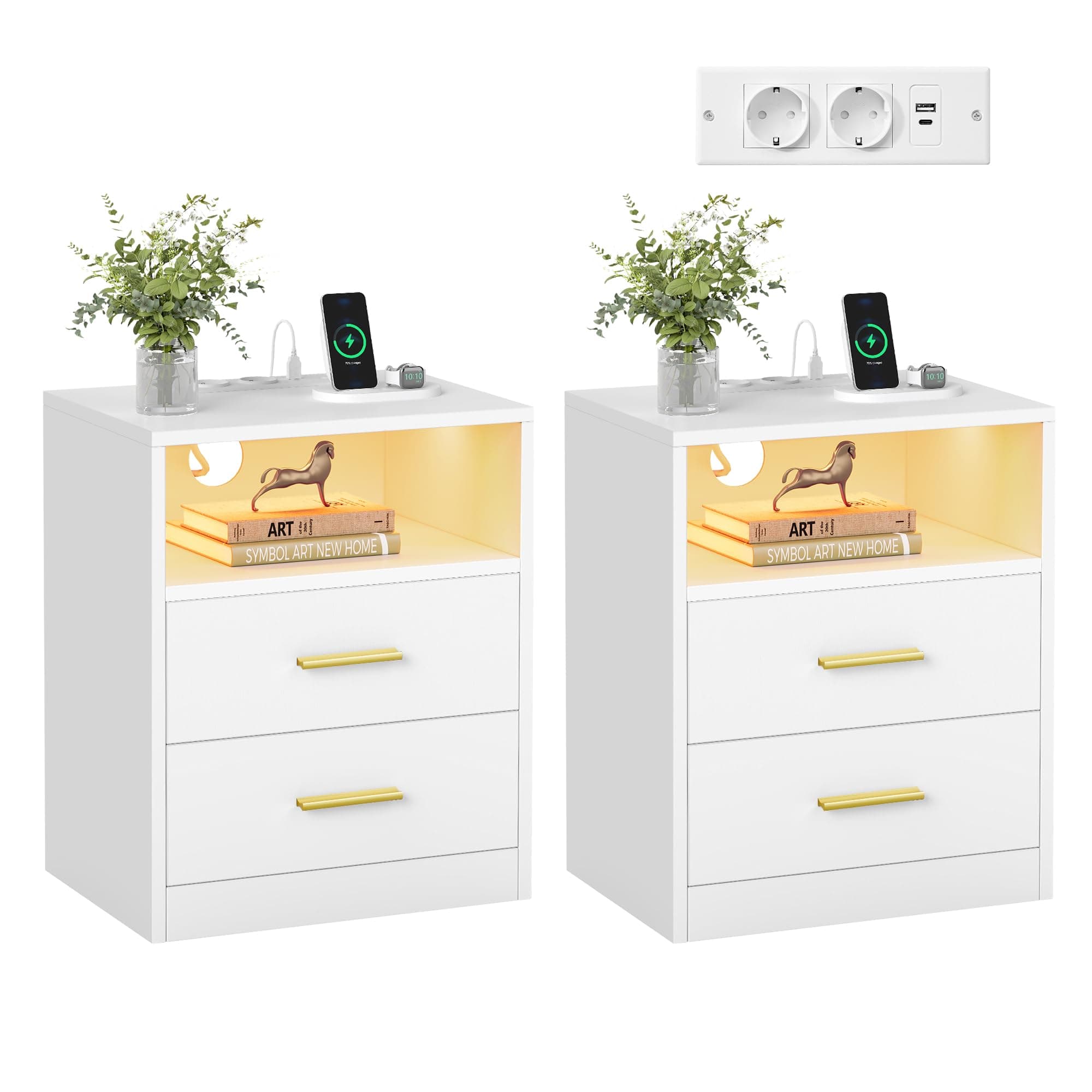 VASAGLE Custos Collection - Lot de 2, Tables de Chevet avec Multiprise, LED, Tables d’Appoint avec Tiroirs, Compartiment Ouvert, 2 Prises CA, Ports USB, Blanc Nuage LET829WB01