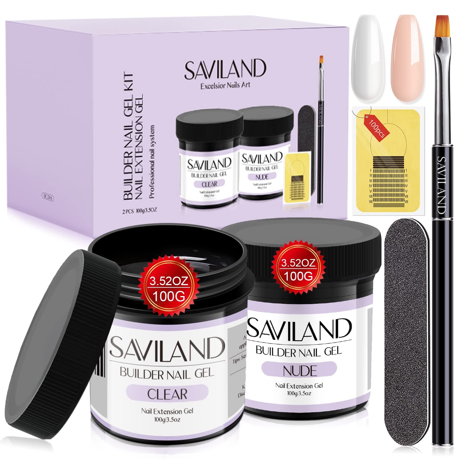Saviland Gel Construction Ongle U V Kit, 2 * 100g Dur Gel Clair et Nudes pour ongles, Professionel Builder avec 100PCS Chablon et Pinceau à Ongles Lime à Ongles pour Extension