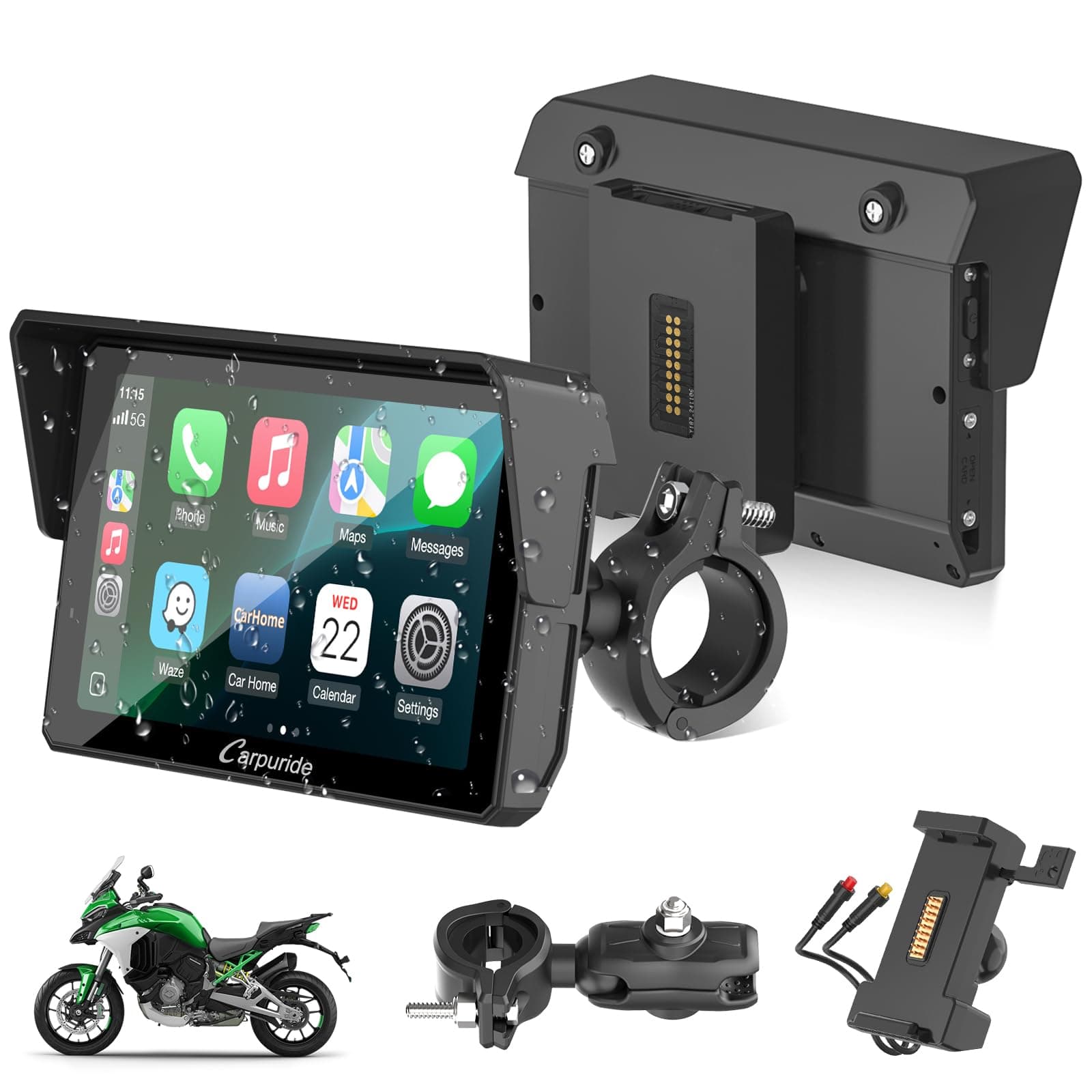 Carpuride W502S PRO per moto wireless Carplay/Android Auto, Touchscreen Impermeabile da 5", con Supporto BM05, Bluetooth Trans, Controller Cablato, Navigazione