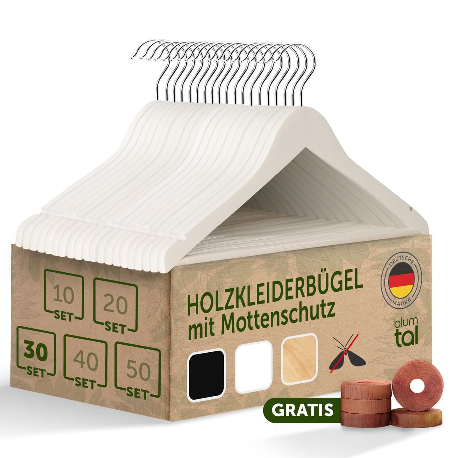 Blumtal Kleiderbügel Set 30 Stück - Holzbügel in Weiß mit 360° Drehbarem Metallhaken - Zedernholz Mottenschutz - Anti-Rutsch-Schicht & Einkerbungen - Coat Hanger
