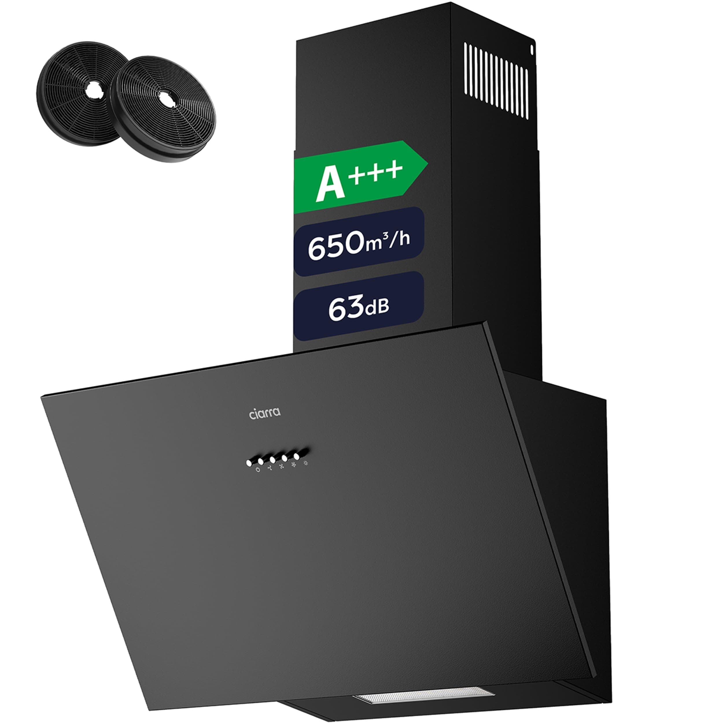 Ciarra CBCB6762A Campana Extractora 60cm, 650m³/h, 3 Velocidades, Extractor de Humo y Aire Eléctrico para Cocina A+++ Eficiencia Energética, Incluye Filtro de Carbón Activo CBCF003