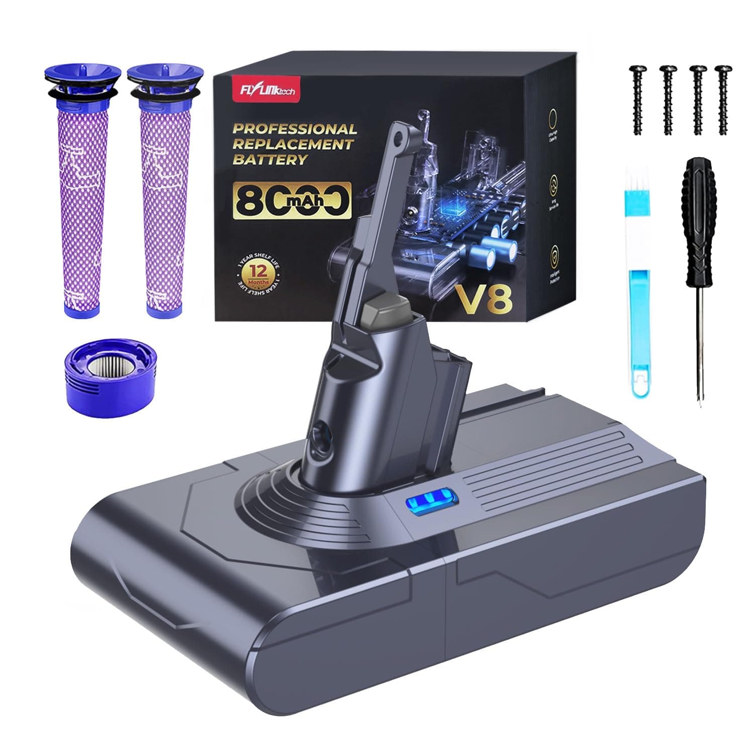 Batteria FLYLINKTECH 8000mAh per Dyson V8, Sostituzione Batteria Li-ion Compatibile con V8 Animal, Absolute, Fluffy, Parquet, SV10 - Con 3 Filtri, Spazzola e Cacciavite Inclusi