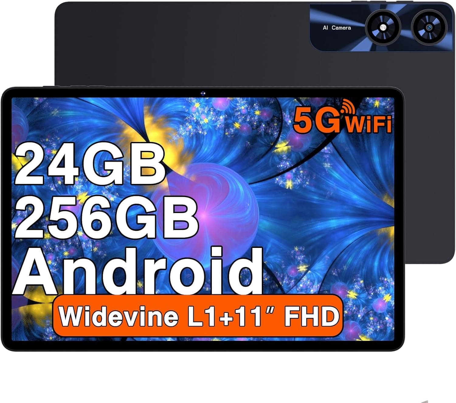 2026 Nouvelle Tablette Android Tablette 11 Pouces avec 256Go ROM(2To TF), 24 Go RAM, Octa-Core, 2.0Ghz, 5G WiFi 6, Widevine L1, 8000mAh, GMS, 5MP+13MP,Bluetooth 5.0, 1280 * 800, Tablette Tactile- Noir