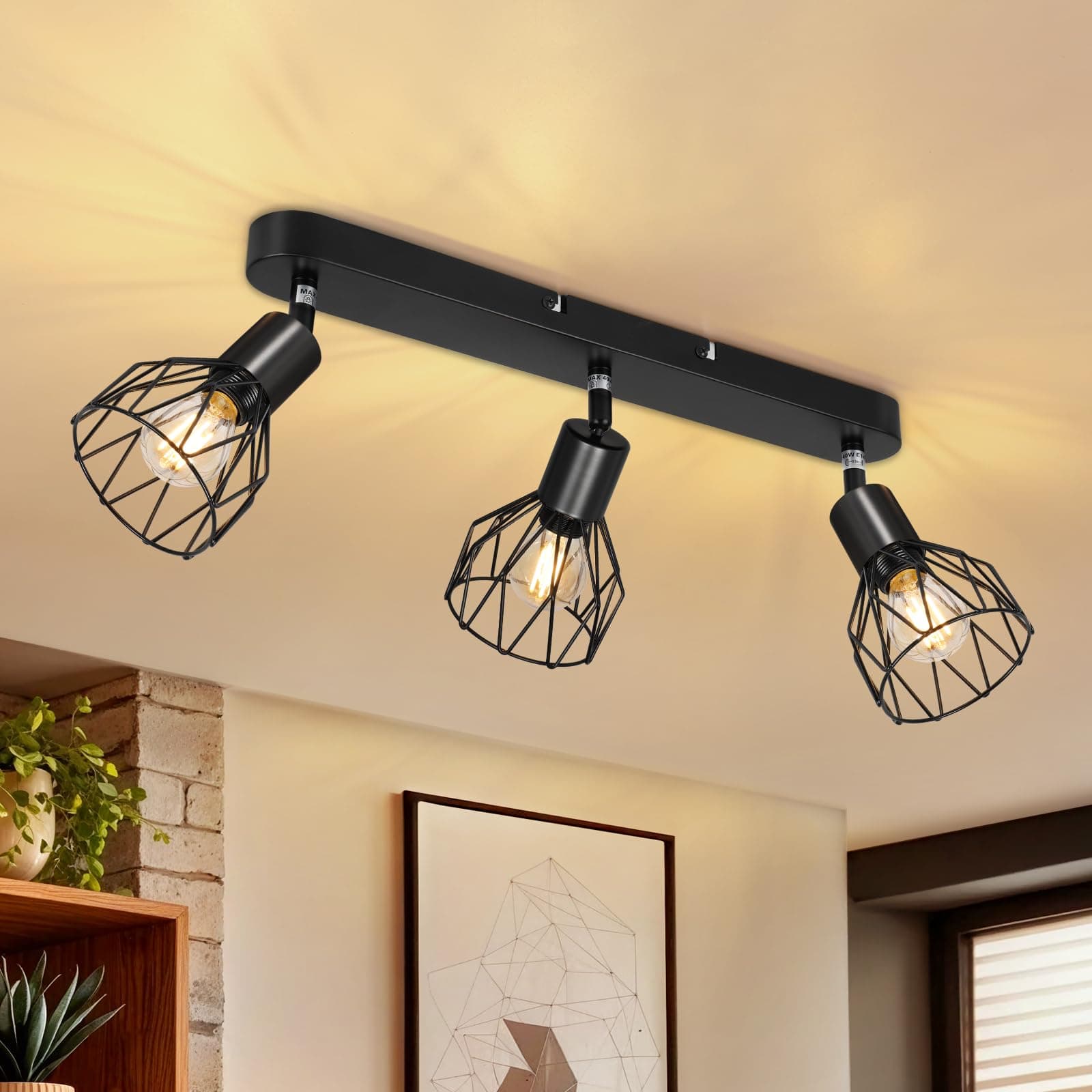 Dehobo Focos de Techo Industrial, 3 Focos Ajustables 350°/90°, Plafón con Base E14 Hasta 40W, Lámpara de Metal Negro para Pared/Techo, Ideal para Dormitorio Cocina Oficina(Sin Bombillas)