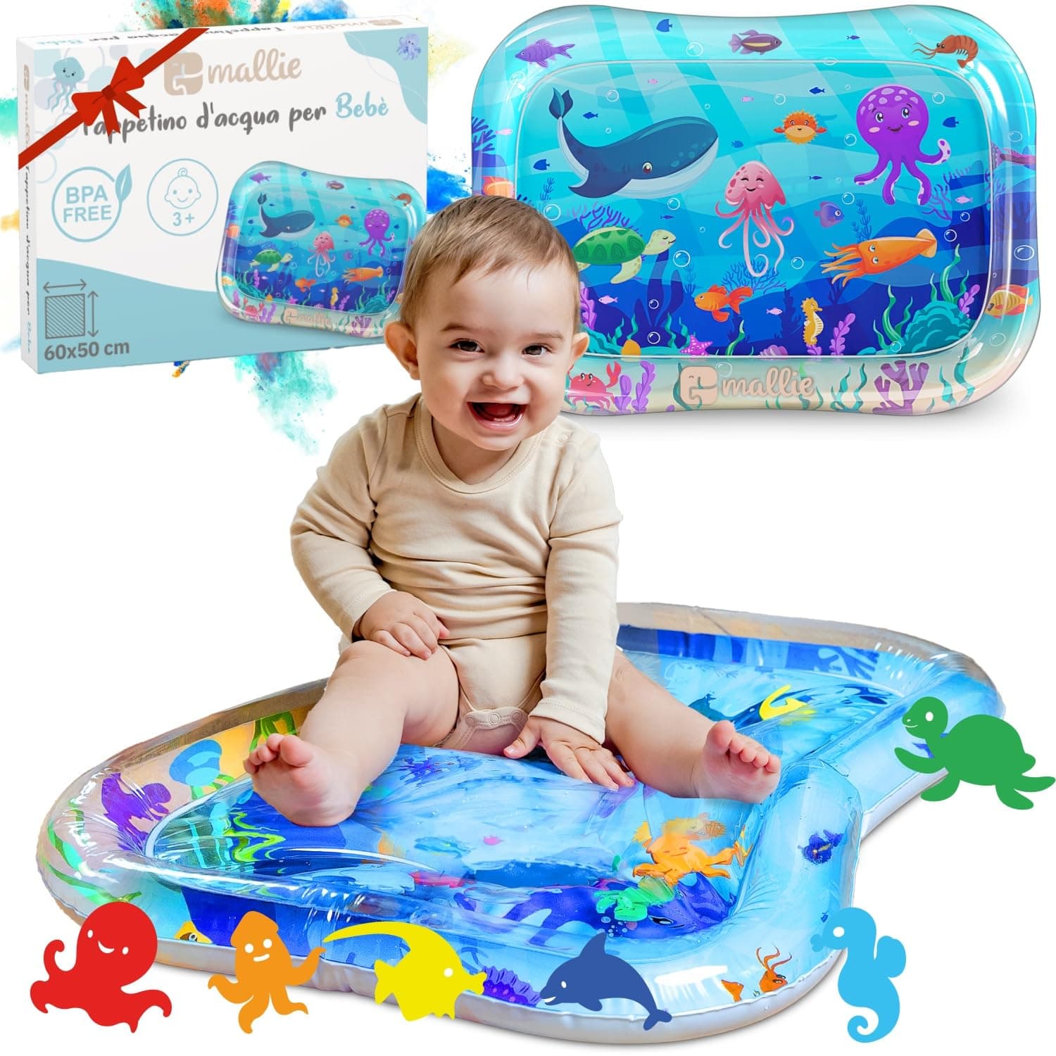 Mallie® Tappeto Acqua Neonati Tummy Time | Tappetino Sensoriale Neonato Gonfiabile con Acquario | Giochi Bambini Tummy Time e Sviluppo Motorio | Tappetino Neonati Sicuro e Confortevole
