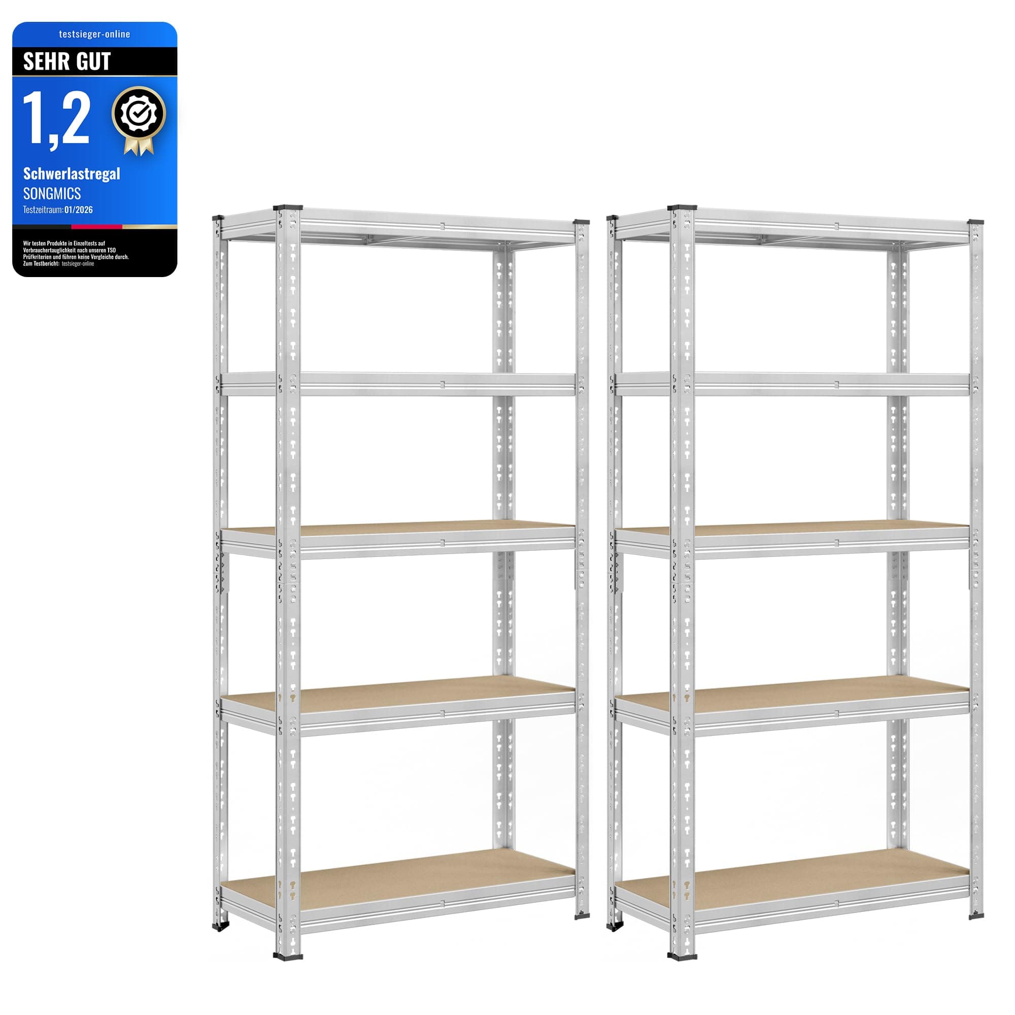 SONGMICS Schwerlastregal, 2er Set, Kellerregal, 40 x 90 x 180 cm, bis 875 kg belastbar, einfache Montage, Lagerregal, verstellbare Ablagen, Lagerregal, silbern GLR455E01