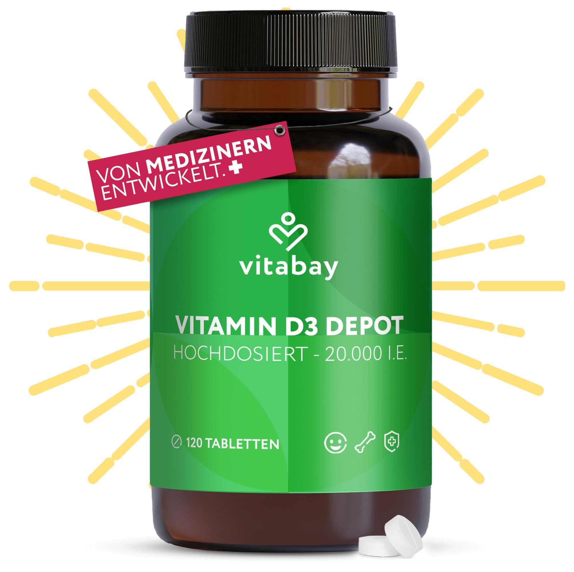 Vitabay Vitamin D3 Depot 20.000 I.E. – 120 vegane Tabletten – hochdosiert & vegan – ohne Zusatzstoffe – laborgeprüft – Vorrat für lange Zeit