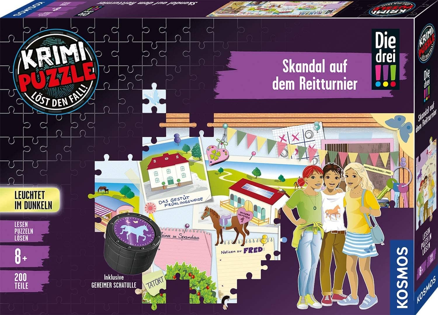 KOSMOS 680725 Krimi Puzzle Die DREI !!! Skandal auf dem Reitturnier, 200 Teile, Leuchtet im Dunkeln, Lesen, Puzzeln, Rätsel lösen, Pferde Puzzle für Kinder ab 8 Jahre
