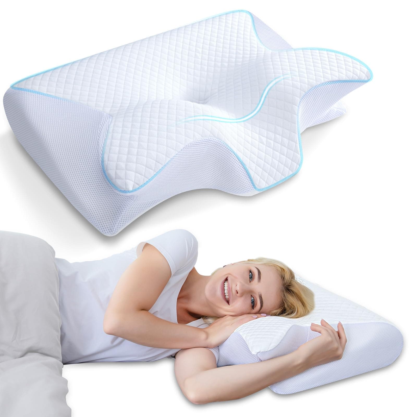 HOMCA Oreiller Ergonomique Cervical, 2 en 1 Oreiller Orthopédique à Mémoire de Forme pour la Nuque, Oreiller pour Dormir sur Le Côté et sur Le Dos, 60 x 40 x 12/14cm