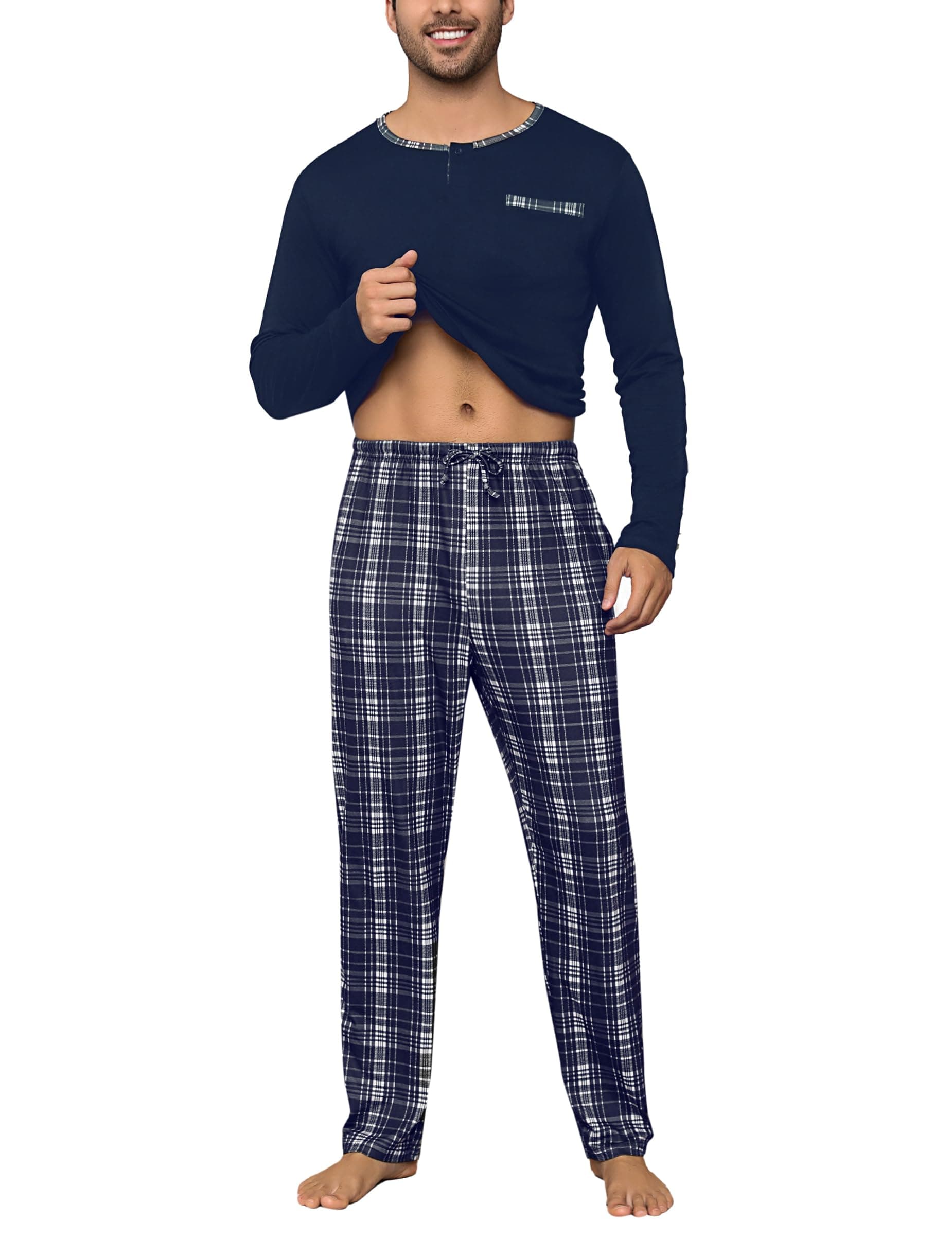 Litherday Pijama Hombre Algodón Invierno Manga Larga | Conjunto de 2 Piezas con Pantalón Cuadros y Camiseta Cómoda Ropa Dormir Hombre,S-XXL