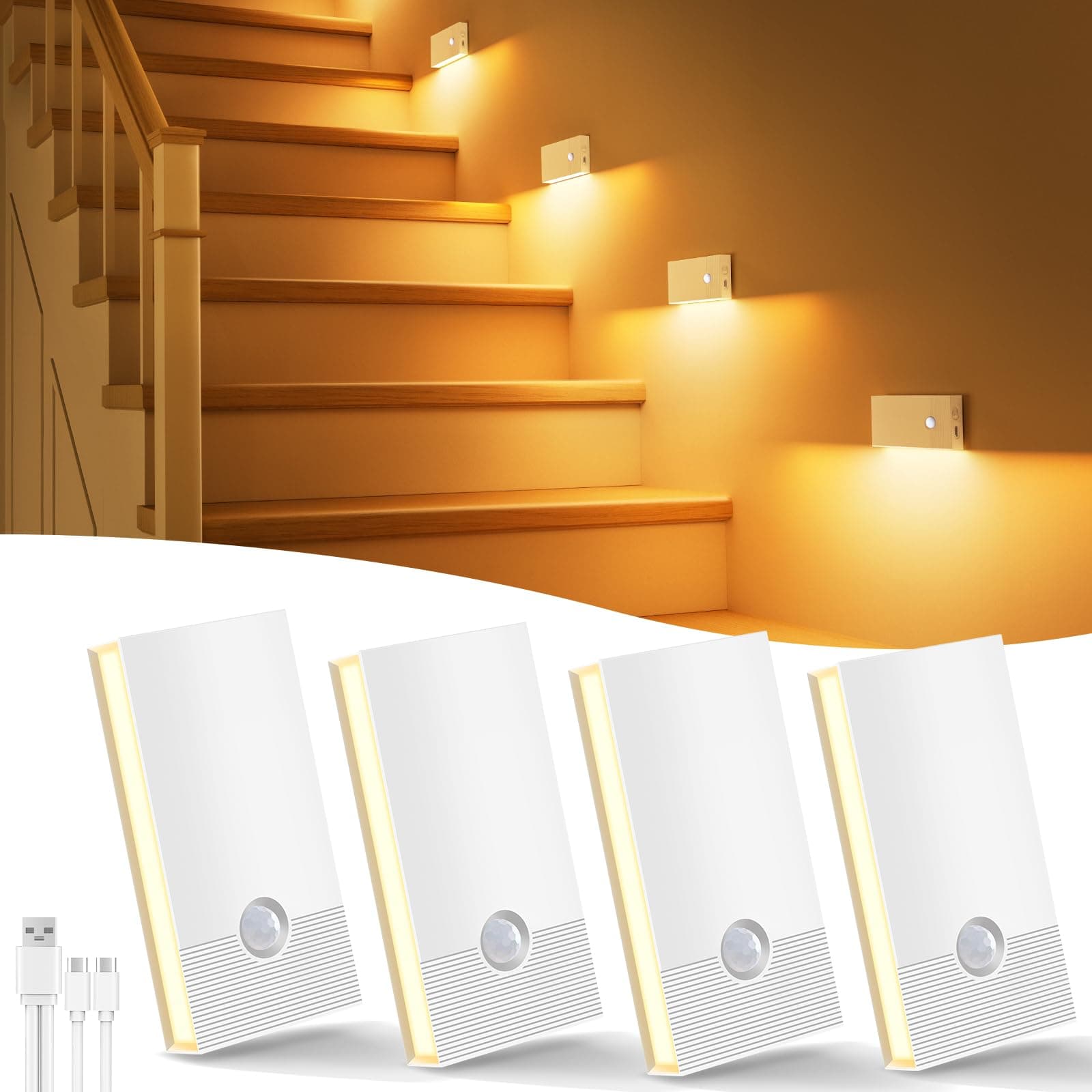 Luz Nocturna con Sensor de Movimiento, 4 Piezas Recargable Luz Nocturna Infantil con 3 Modos, Luz Noche LED Luz de Noche luz para Escaleras,Pasillo,Baño,Cocina, Habitaciones para niños, Blanco