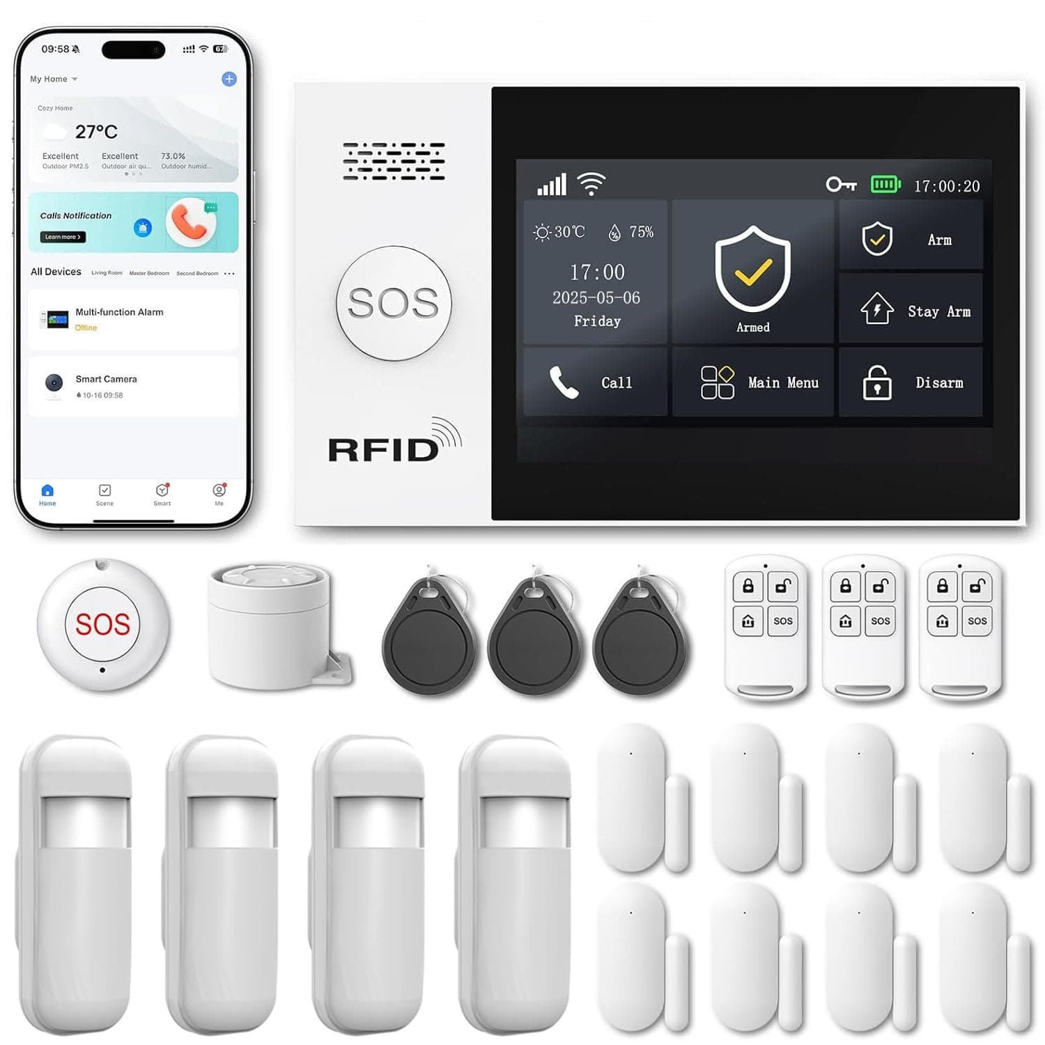 RenseCum Alarme Maison sans Fil WiFi 4G sans Abonnement, Kit Alarme Maison Connectée 21 Pièces avec Écran Tactile 4,3", Sirène 120 DB, Détecteurs Mouvement et Porte/Fenêtre (Lot de 21 Articles)