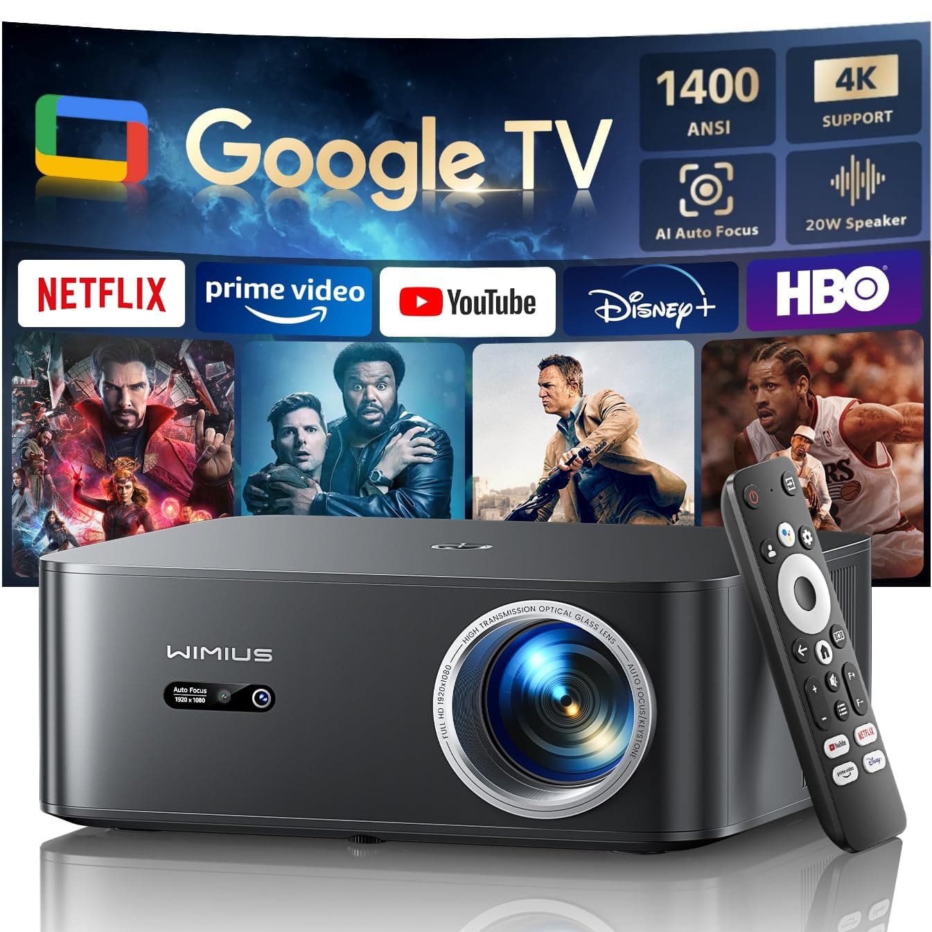 Proyector 4K【1400 ANSI/Google TV/Netflix Ready】 WiMiUS Proyector Full HD 1080P Nativo, Auto Focus/Keystone, WiFi 6&Bluetooth 5.2, Control de Voz Projector en Casa/Exterior (Negro)