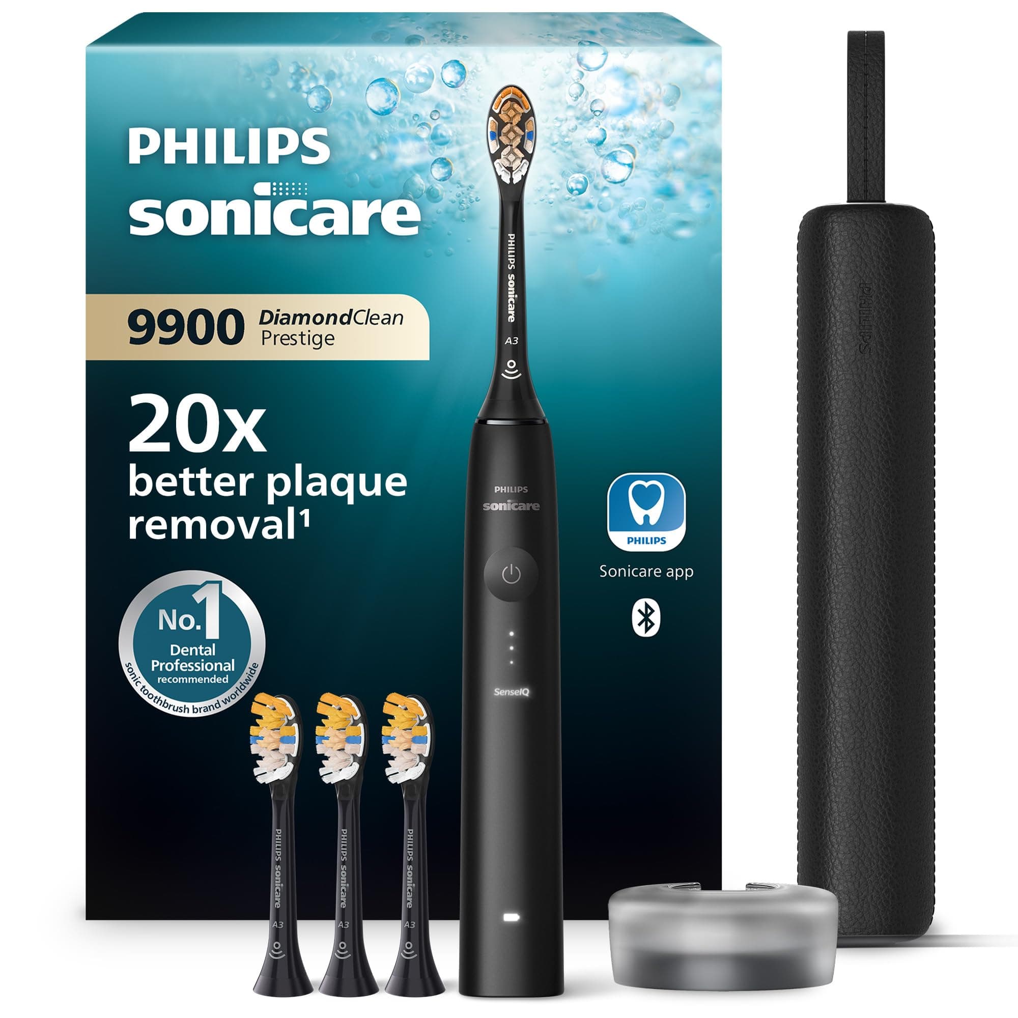 Philips Sonicare - Brosse à dents électrique DiamondClean 9900 Prestige avec technologie SenseIQ et application, 5 modes de brossage, étui de voyage avec chargeur, noir, modèle HX9992/43