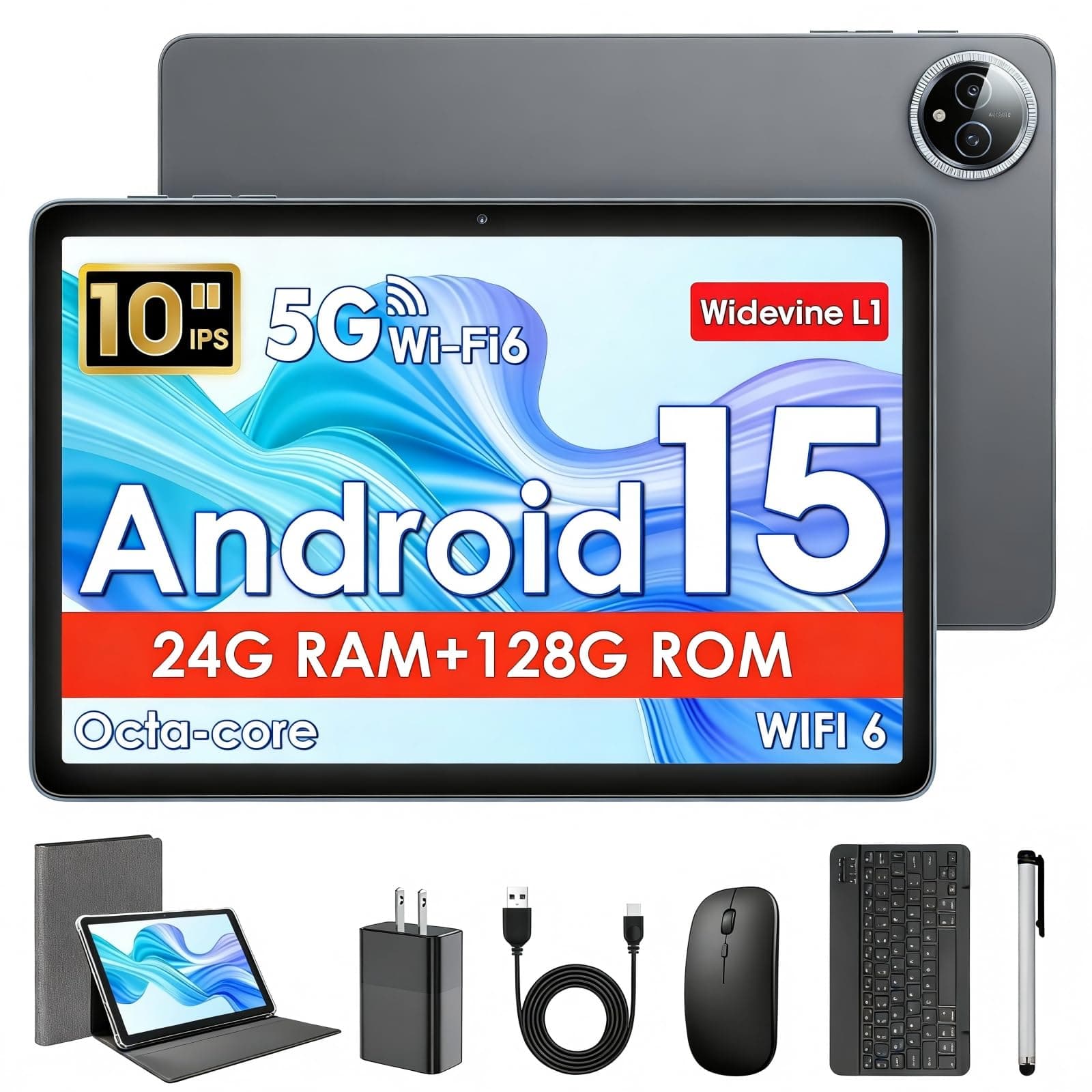 Tablet 10 Pollici, Tablet Android 15 con Custodia, Mouse & Tastiera, Octa-Core, 24GB RAM+128GB ROM+1TB Espandibile, Display IPS HD 1280*800, WiFi 5G, Doppia Fotocamera, 6000mAh, Widevine L1 (K80G)