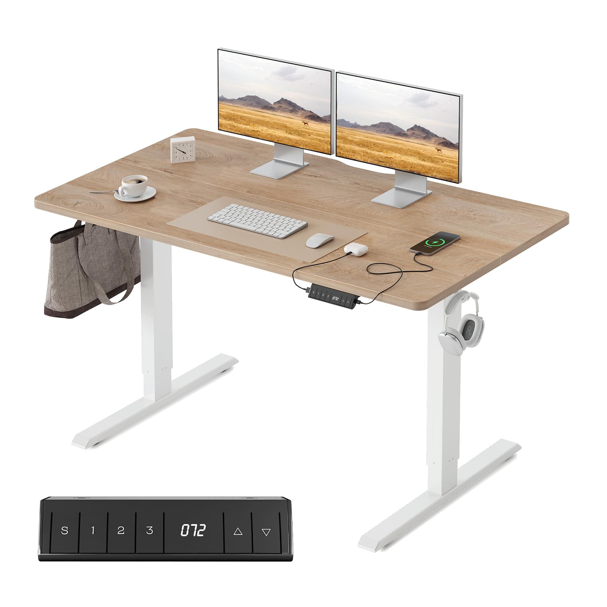 FEZIBO Bureau Électrique Réglable en Hauteur avec Ports de Charge USB-A et USB-C, 120 x 60 cm, Bureau Assis Debout, Ergonomique pour Télétravail, Planche Chêne Blanc