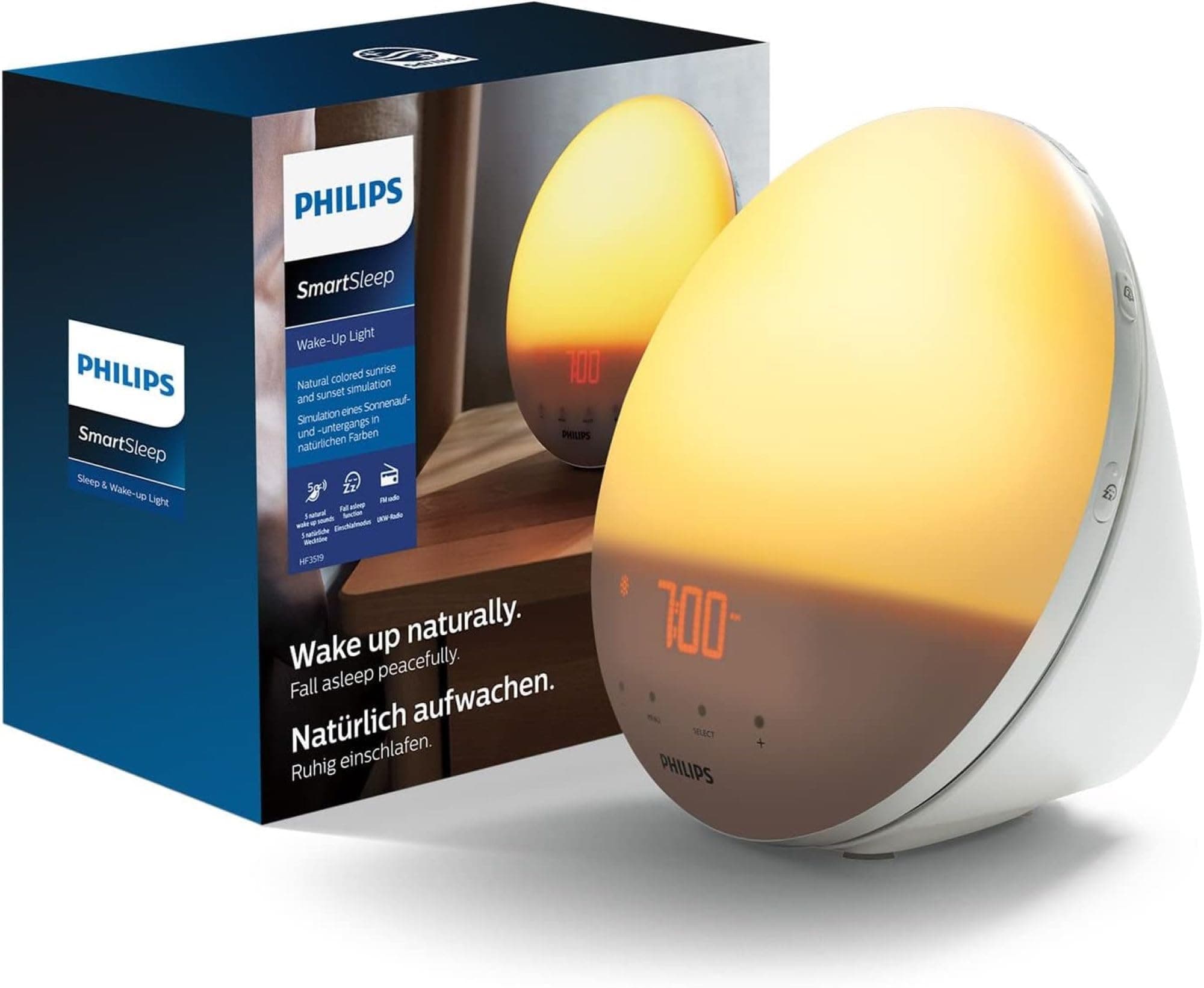 Philips Eveil lumière, Fonction Lever du soleil, 5 sons naturels, Radio FM numérique, Blanc (modèle HF3519/01)