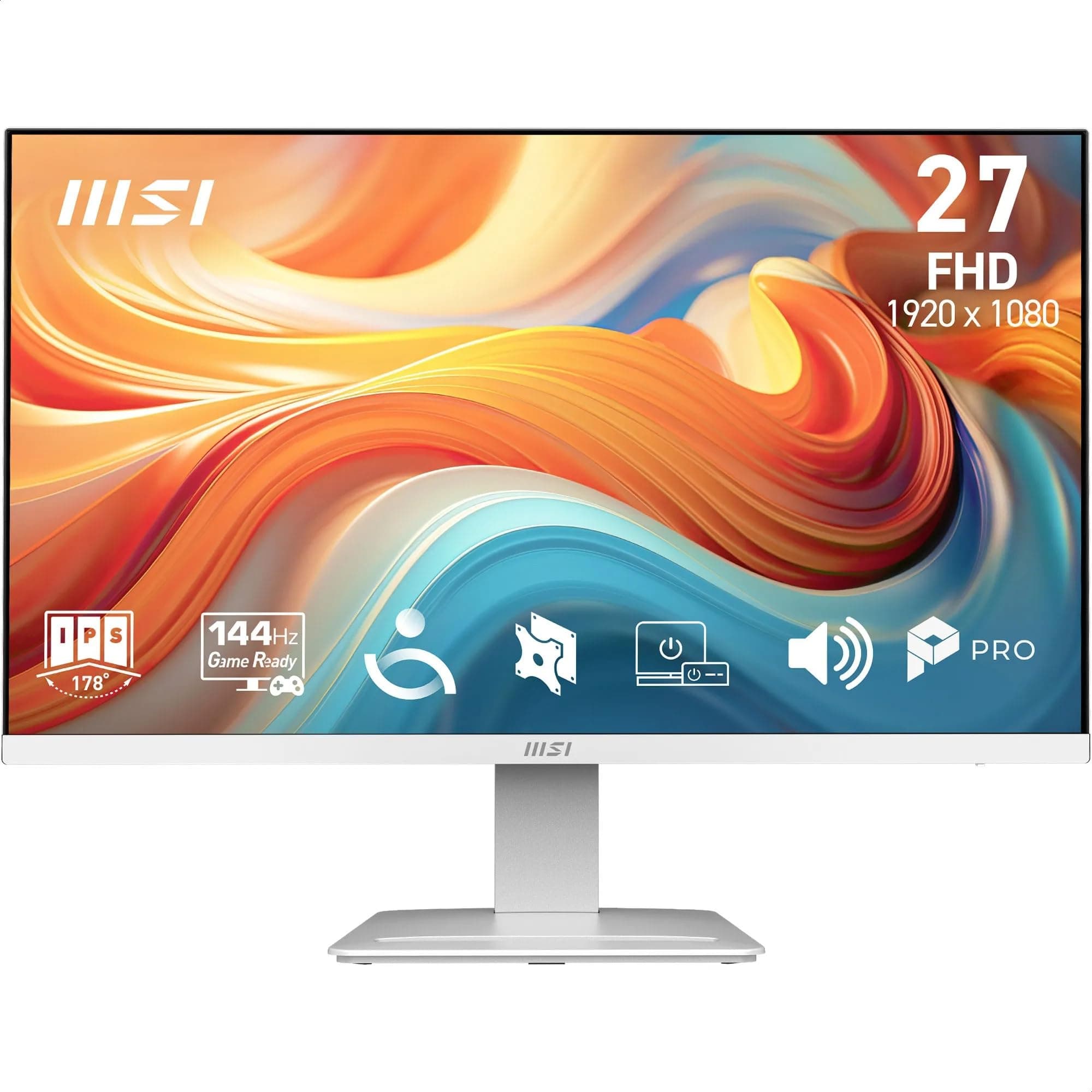 MSI Pro MP273WA E14A Monitor Profesional de 27" FHD, 1920 x 1080 IPS, 144 Hz, 1 ms, Compatible HDR, adaptative Sync, Eye Care, HDMI 2.0, DP 1.2a, sin Marco, inclinación Ajustable, Vesa, Blanco