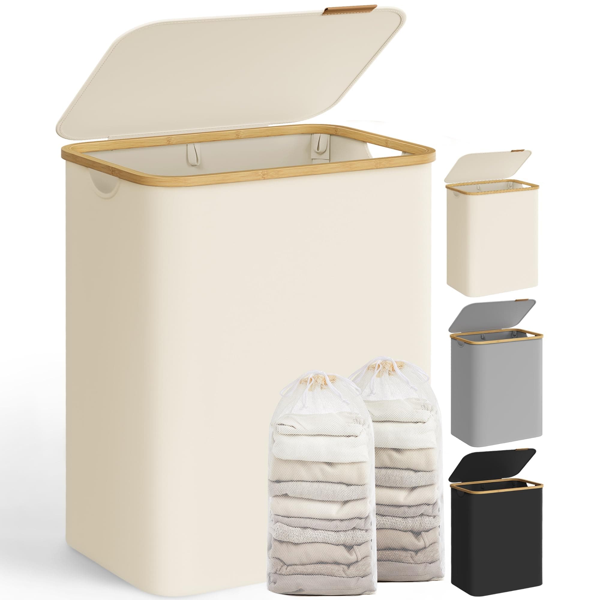 SONGMICS Wäschekorb mit Deckel, Wäschesammler mit 2 Fächern, 130 L, herausnehmbarer Wäschesack, Oxford-Gewebe, Griffe aus Bambus, zusammenklappbar, 52 x 38,5 x 70,5 cm, cremeweiß LCB513W01