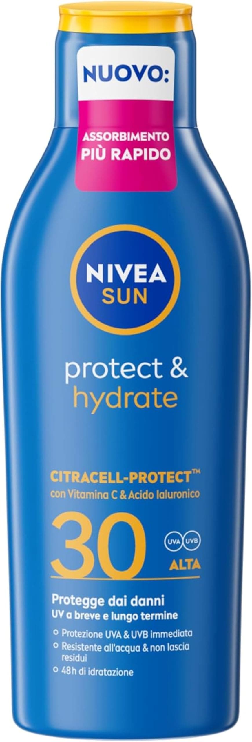 NIVEA SUN Protect & Hydrate SPF 30 200 ml, Crema solare 30 idratante 48h ad assorbimento rapido, Protezione solare 30 resistente all'acqua arricchita con Vitamina C e Acido Ialuronico