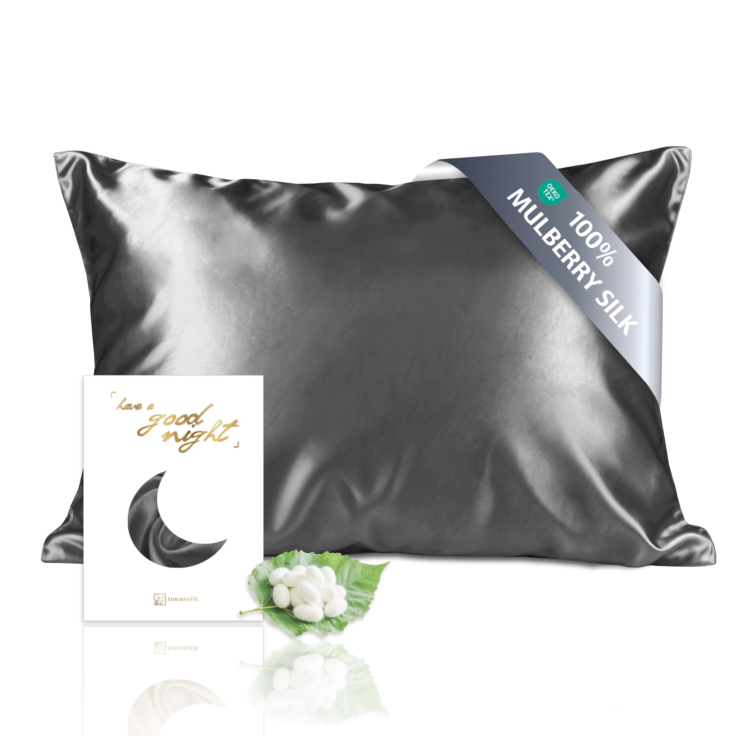 townssilk Federa seta cuscino,100% naturale seta di gelso 19momme,doppia faccia,benefica per capelli e pelle,ipoallergenica,cerniera nascosta,1 pz,50x75cm,Darkgrey