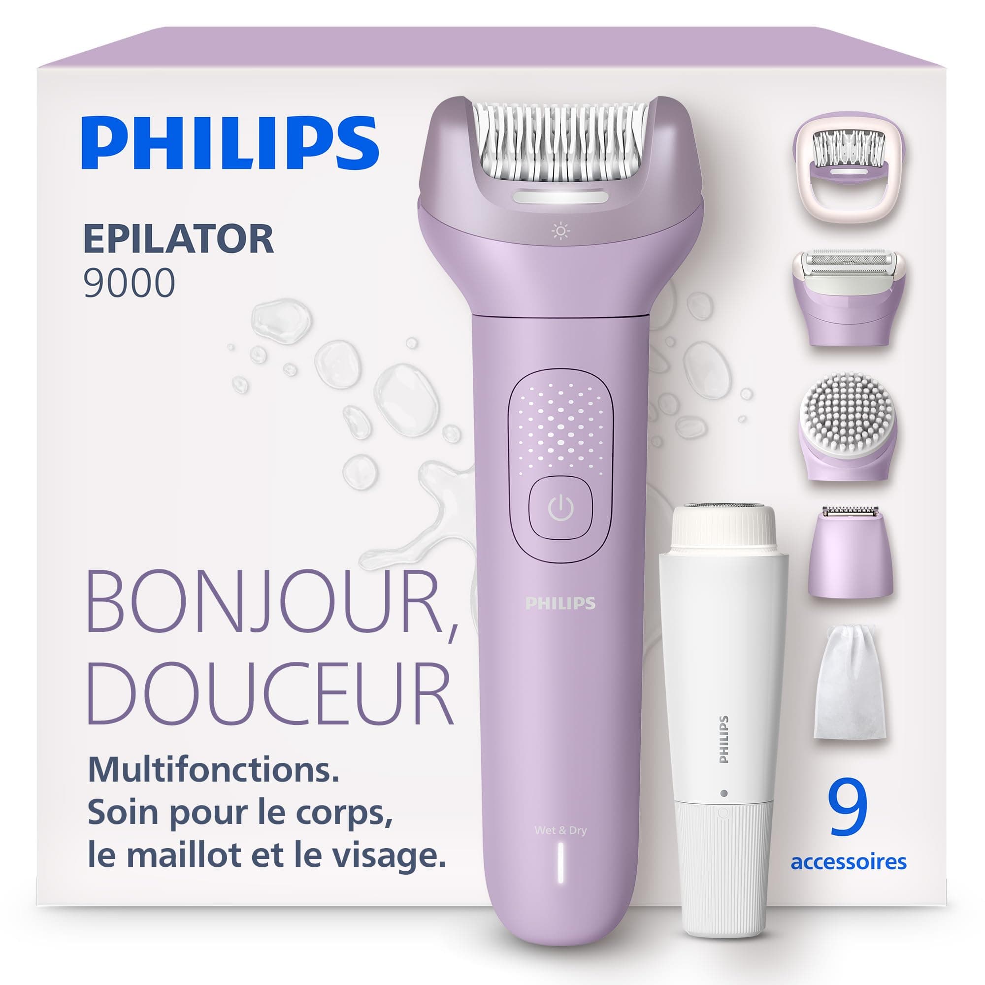 Philips Épilateur série 9000 – épilateur électrique sans fil, sur peau sèche ou humide, épilation corps, visage et maillot, avec ProGuide, 9 accessoires, autonomie 60 min, modèle BRE729/00